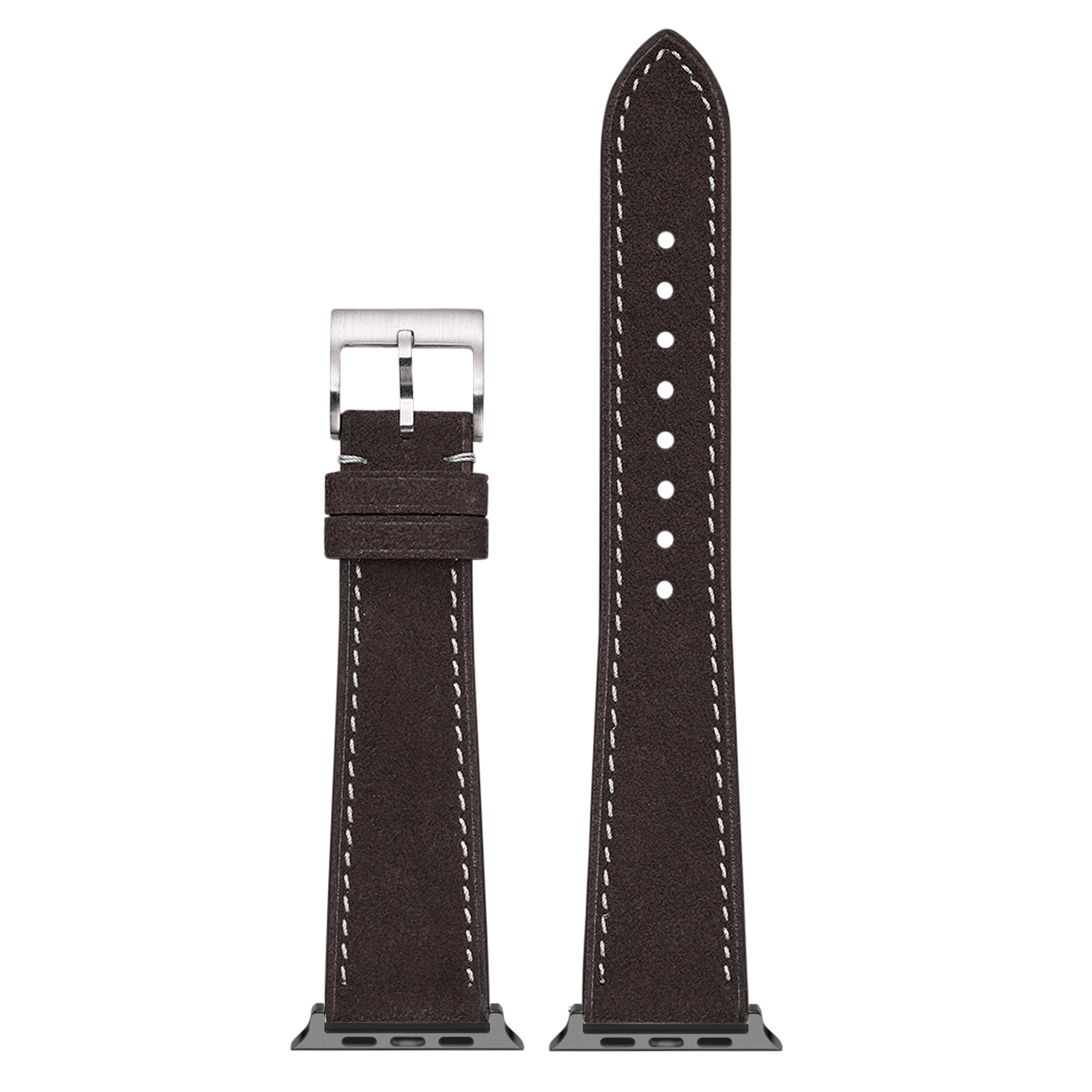 Black Alcantara leather Apple Watch band with white stitching and silver buckle connector