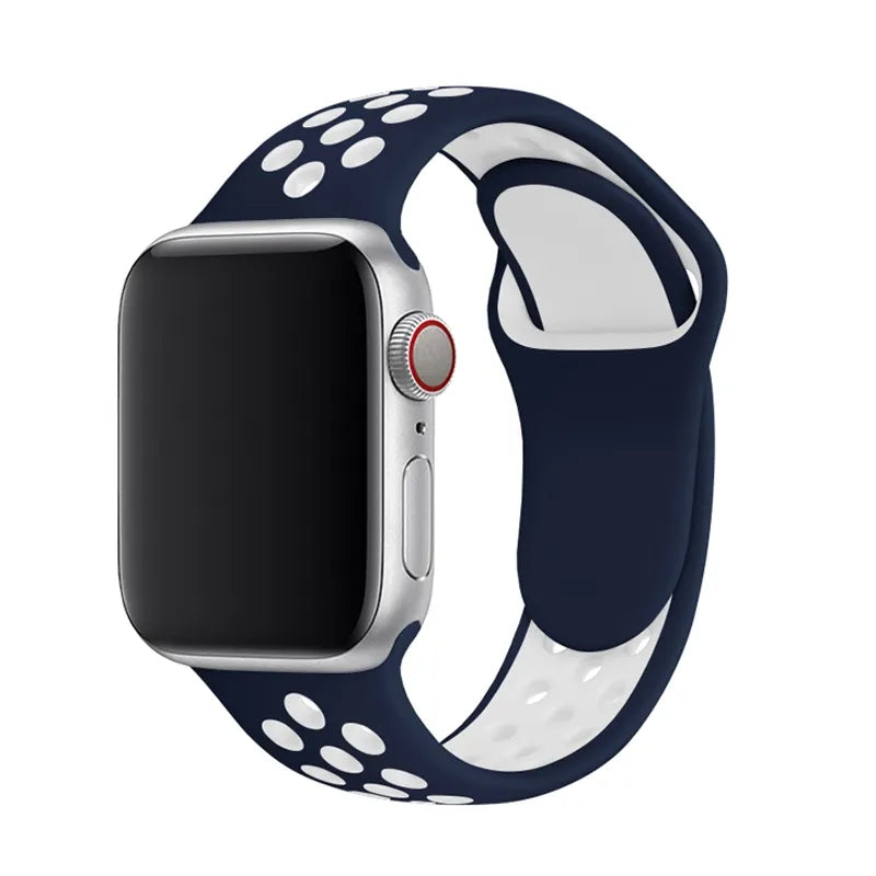 Silver aluminum smartwatch with dark navy and white perforated silicone sports band