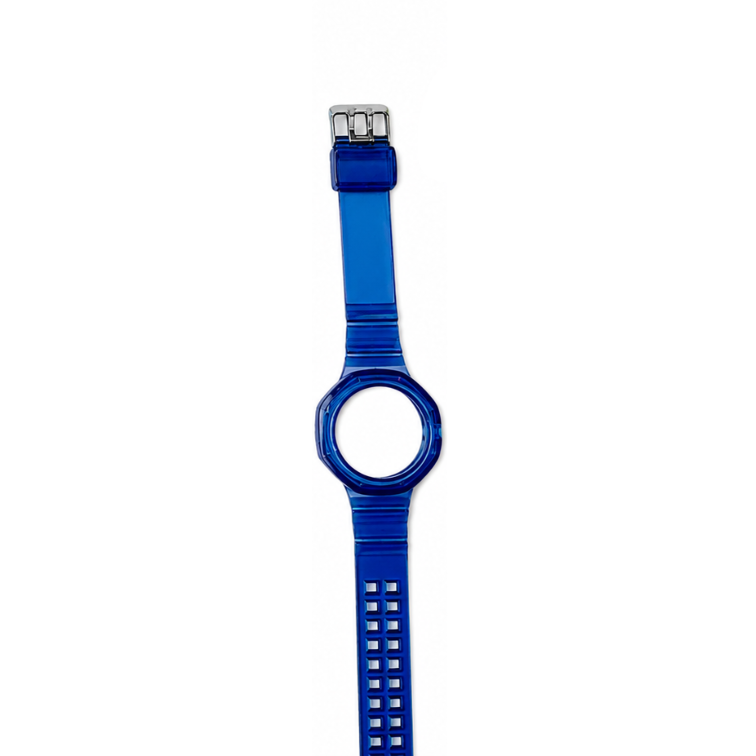 Transparent blue watch strap with metal studs and silver buckle for Swatch collaboration timepiece