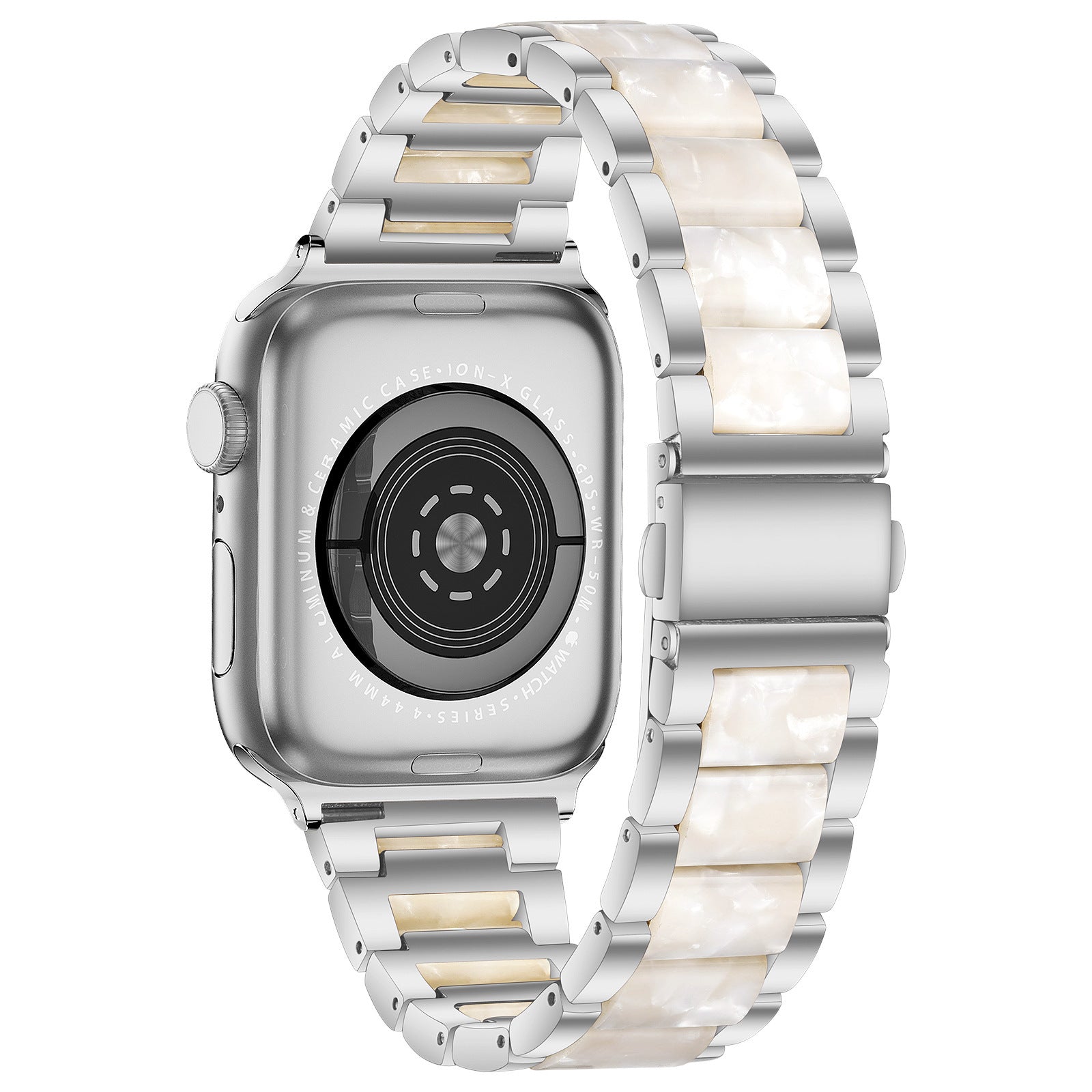 Silver stainless steel smartwatch with pearlescent and metallic mixed-material bracelet band