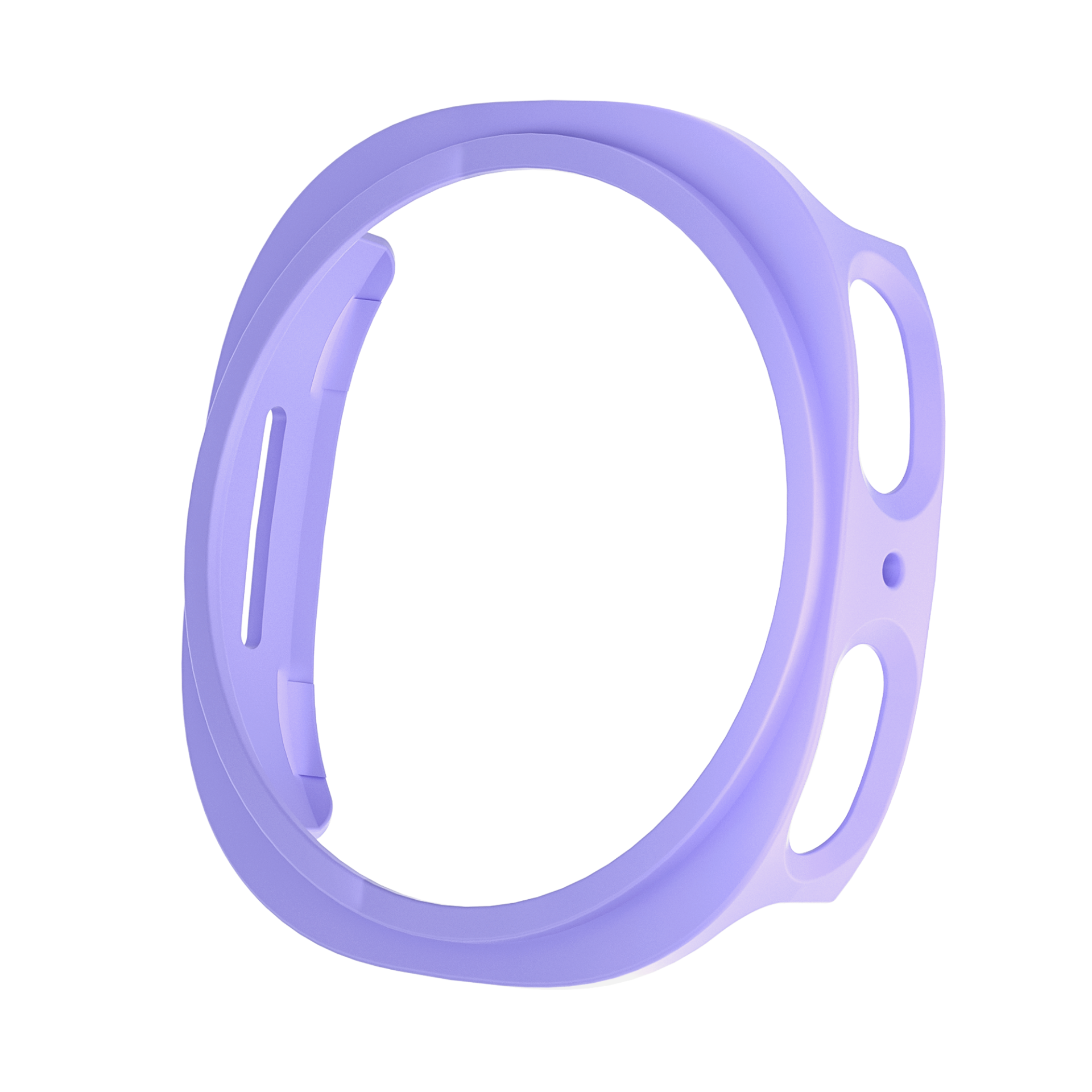 Lavender protective case for smartwatch with ergonomic grip handles and button access cutouts