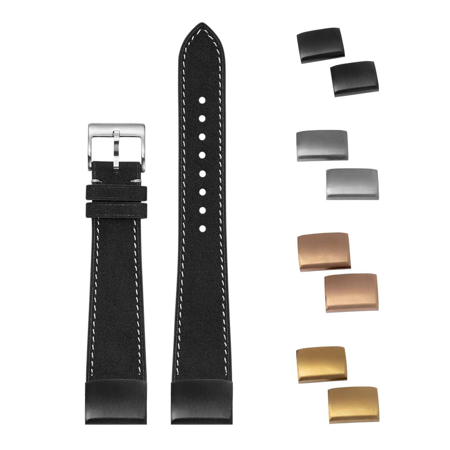 Black Alcantara leather watch strap 20mm with white stitching, interchangeable buckles in silver, gunmetal, rose gold and gold finishes