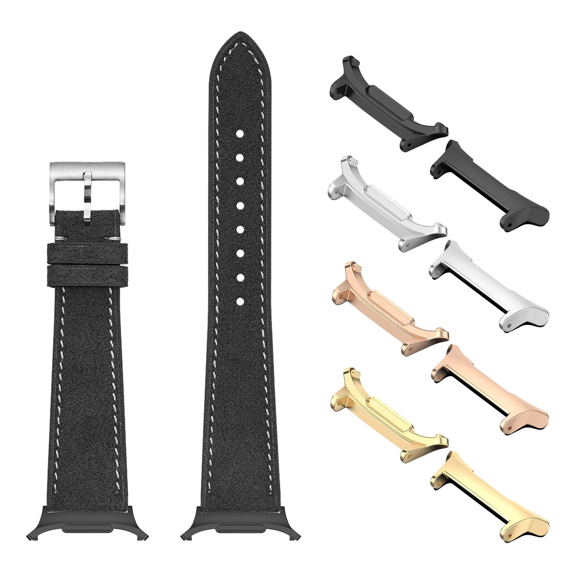 Galaxy Watch band and connector set with dark grey Alcantara leather strap, white stitching, metal buckle, and interchangeable lugs in silver, black, rose gold, and gold finishes