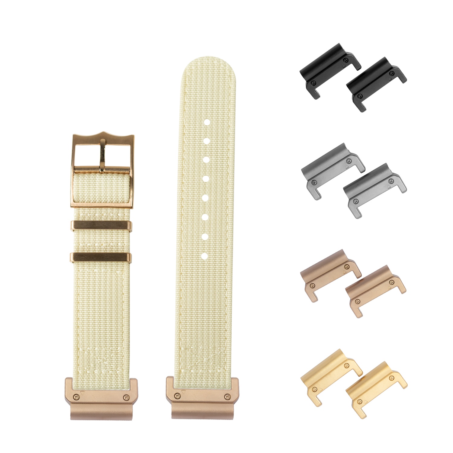 QuickFit Alpha Militex beige 26mm watch strap with interchangeable metal hardware in multiple finishes