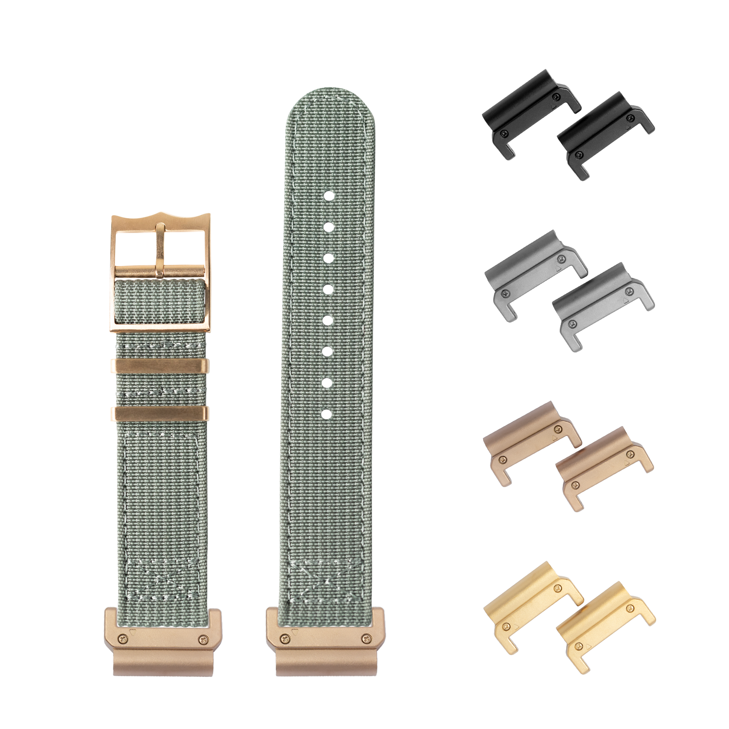 QuickFit Alpha Militex grey 22mm watch band with interchangeable hardware in black, grey, bronze and tan finishes