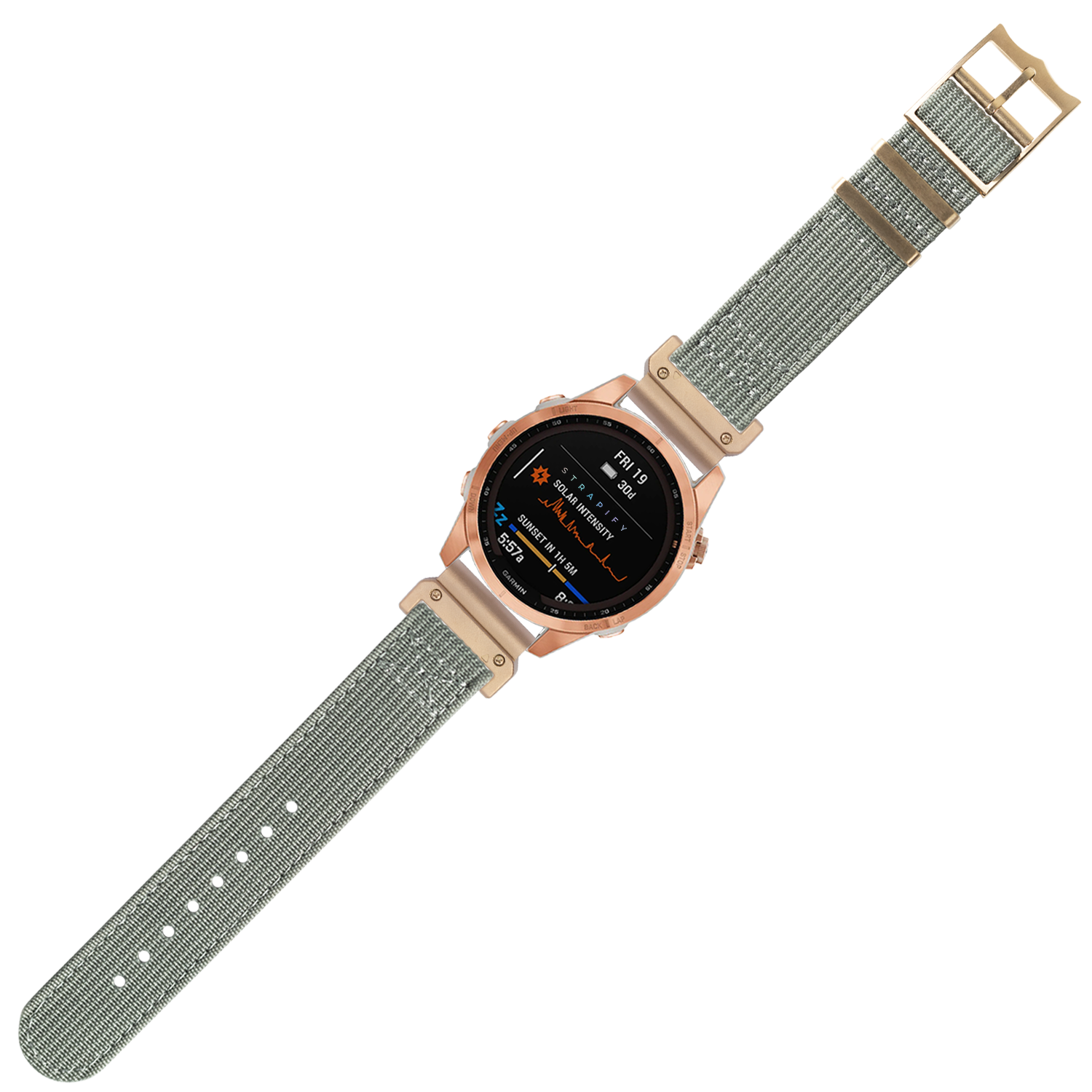 Rose gold smartwatch with grey fabric QuickFit band displaying health metrics on black AMOLED screen