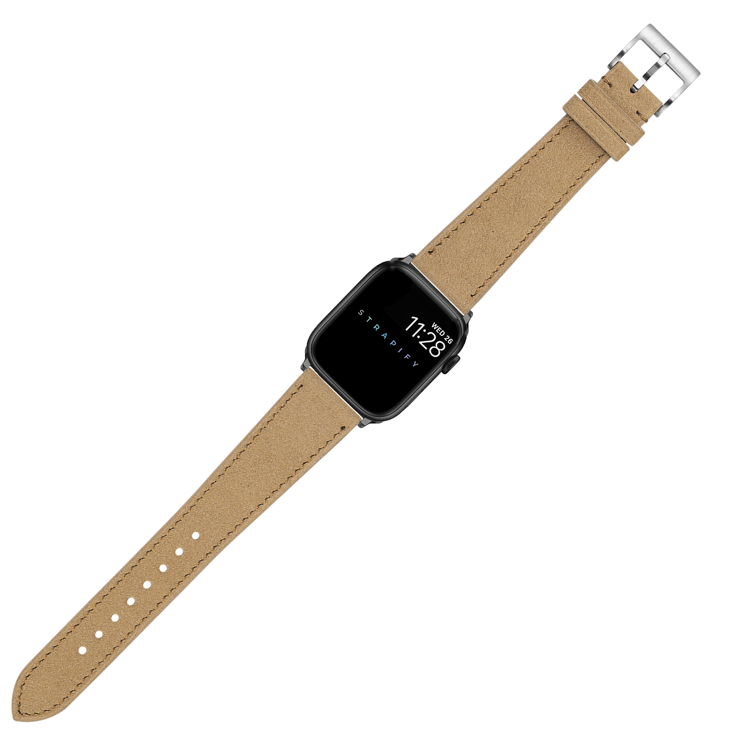 Black smartwatch with tan Alcantara leather strap and silver buckle on white background