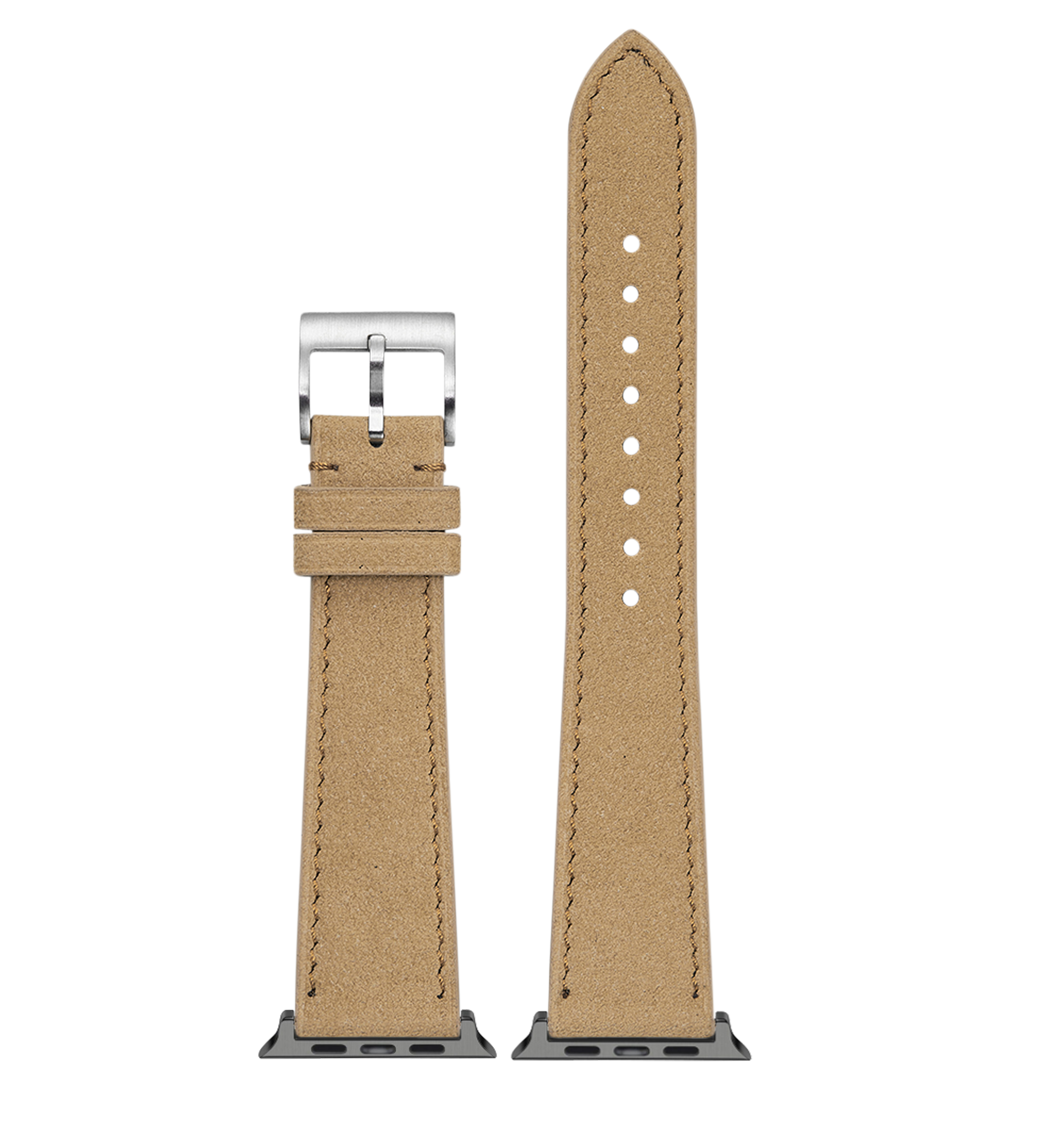 Tan Alcantara leather Apple Watch band with silver buckle and adjustment holes