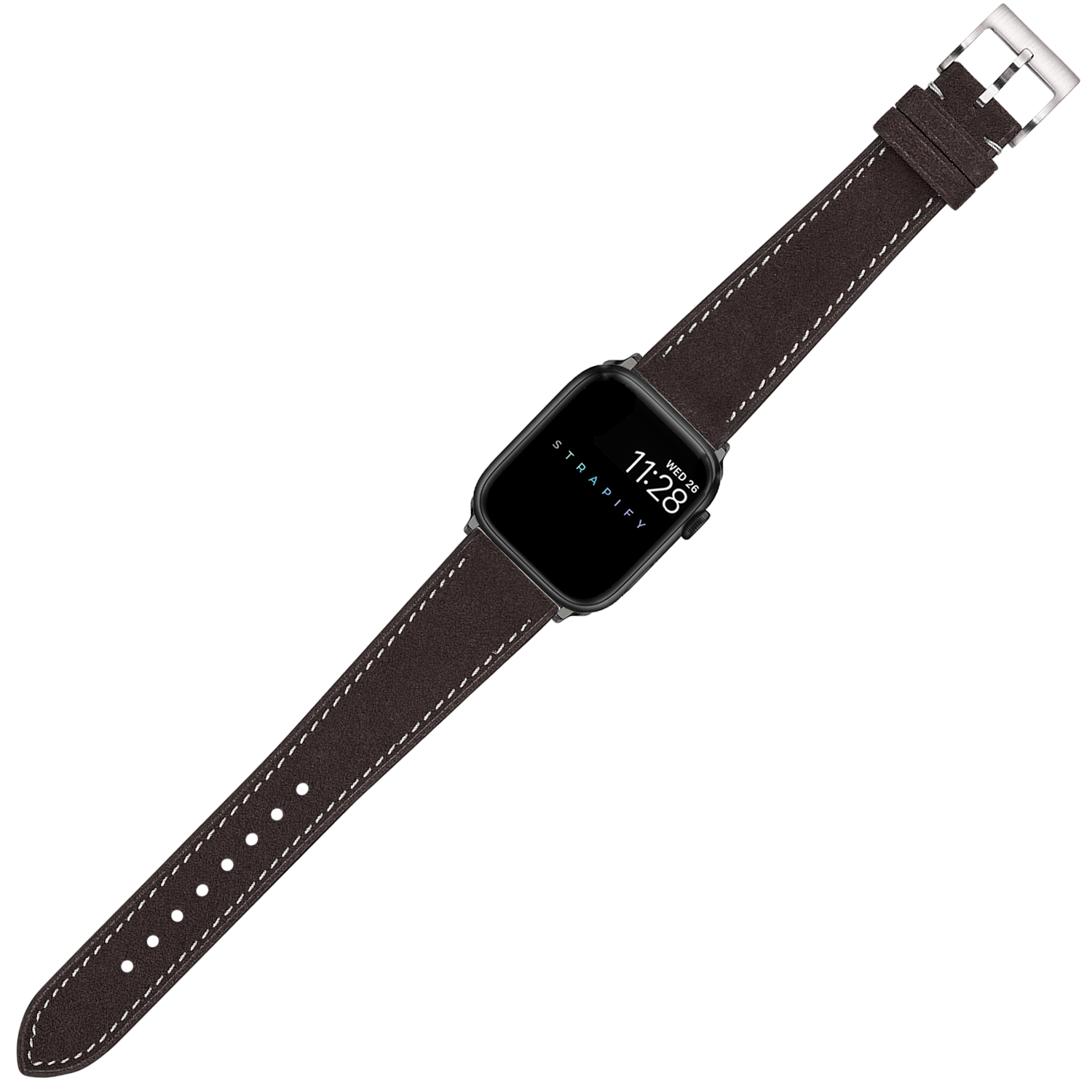 Black smartwatch with dark brown leather strap and white stitching, silver buckle, digital display showing time
