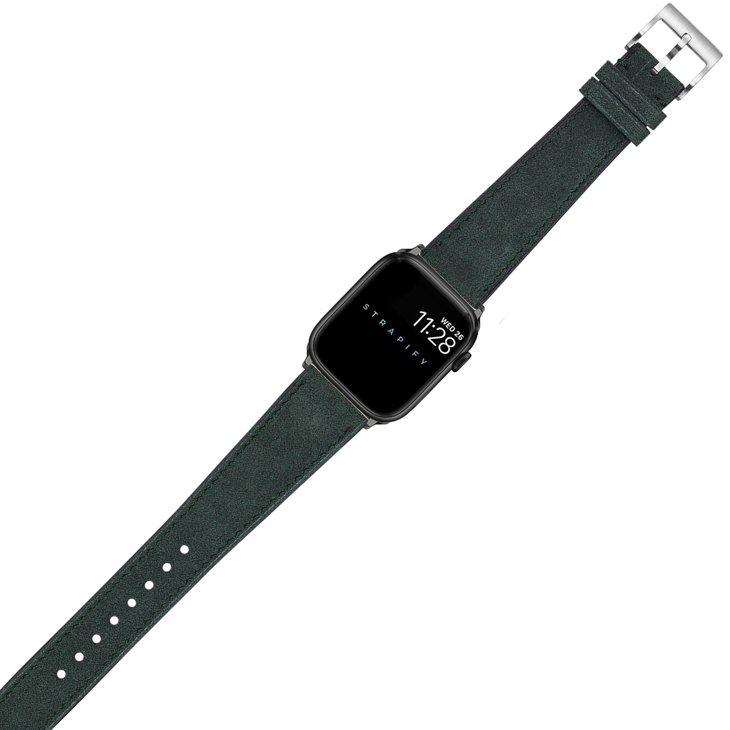 Forest green Alcantara leather band for Apple Watch with silver buckle and adjustable strap