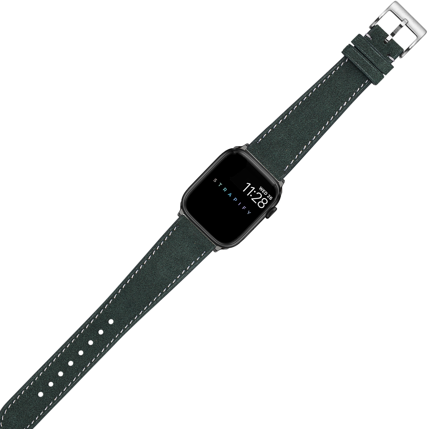 Black smartwatch with green Alcantara leather band and white stitching, displaying time on screen with silver buckle
