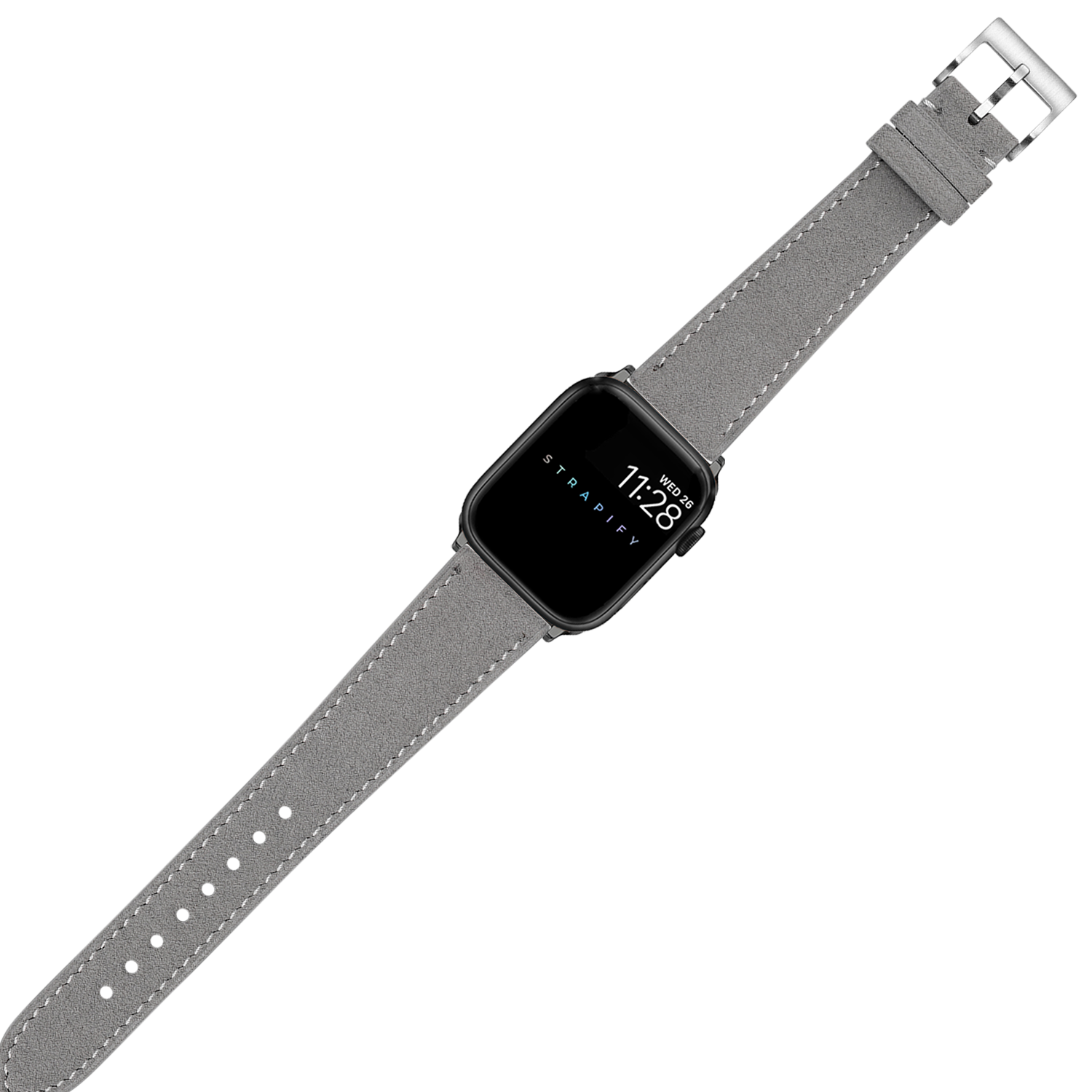 Black square smartwatch with grey suede leather band and white stitching, silver buckle closure