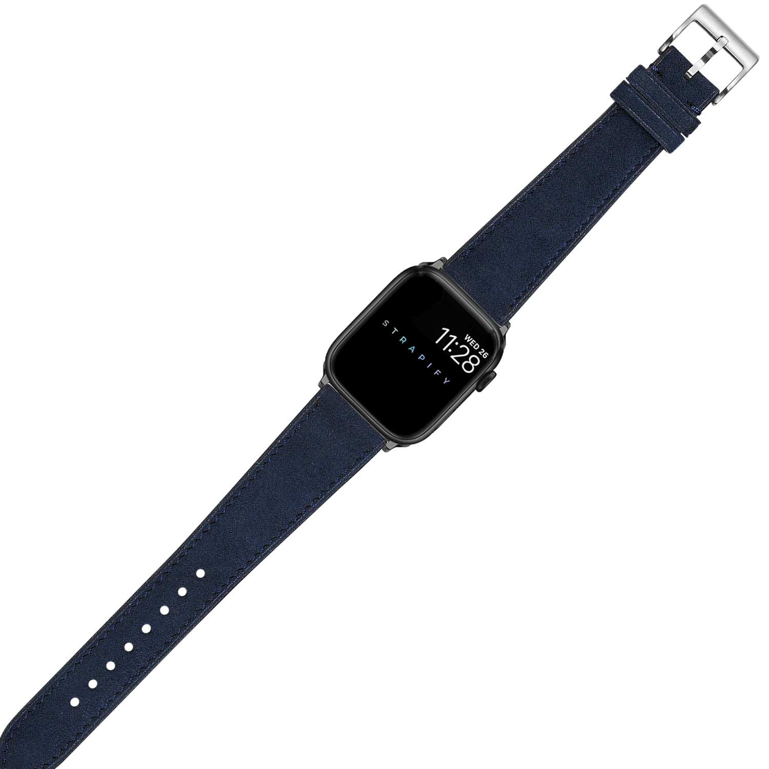 Navy blue Alcantara leather Apple Watch band with silver buckle and black square watch face displaying time
