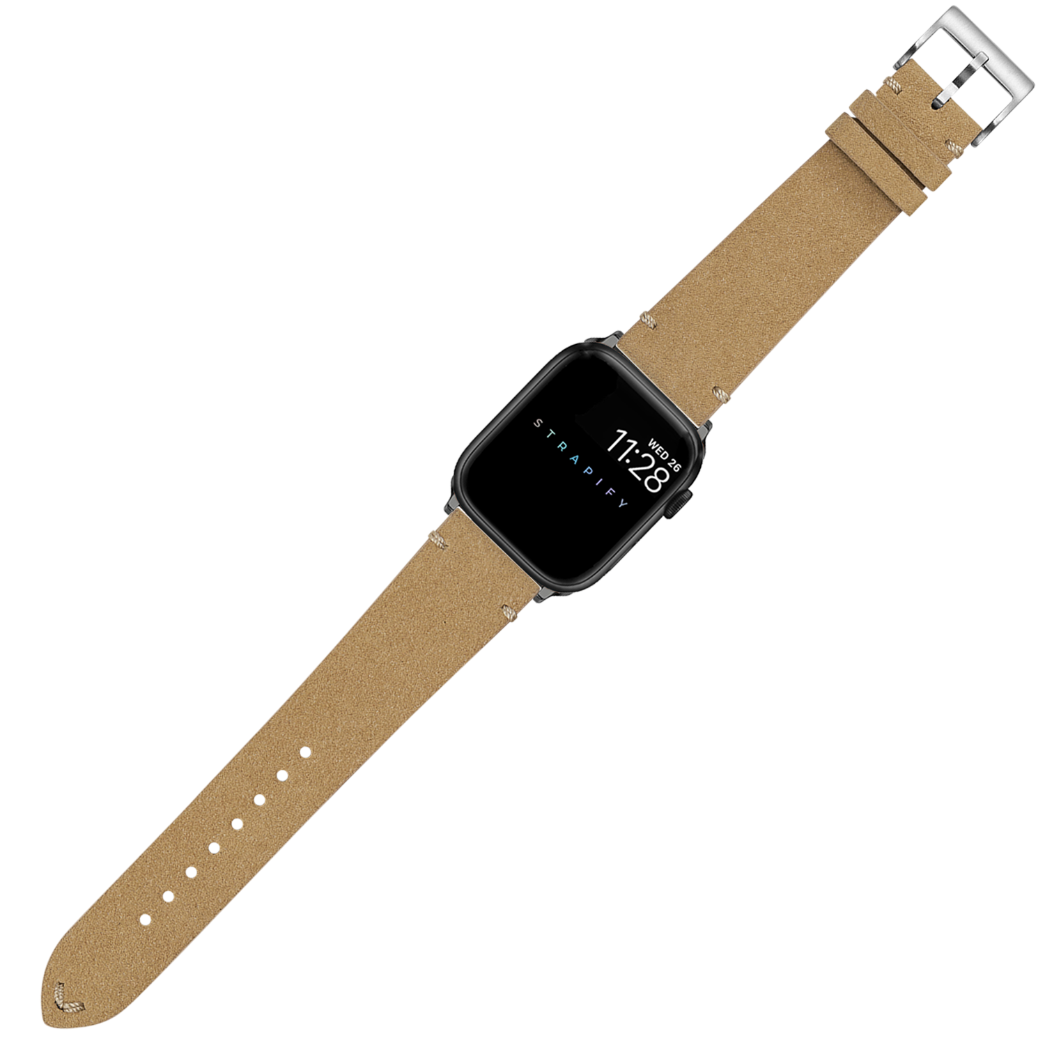 Black smartwatch with tan suede leather band and silver buckle displaying time 11:28
