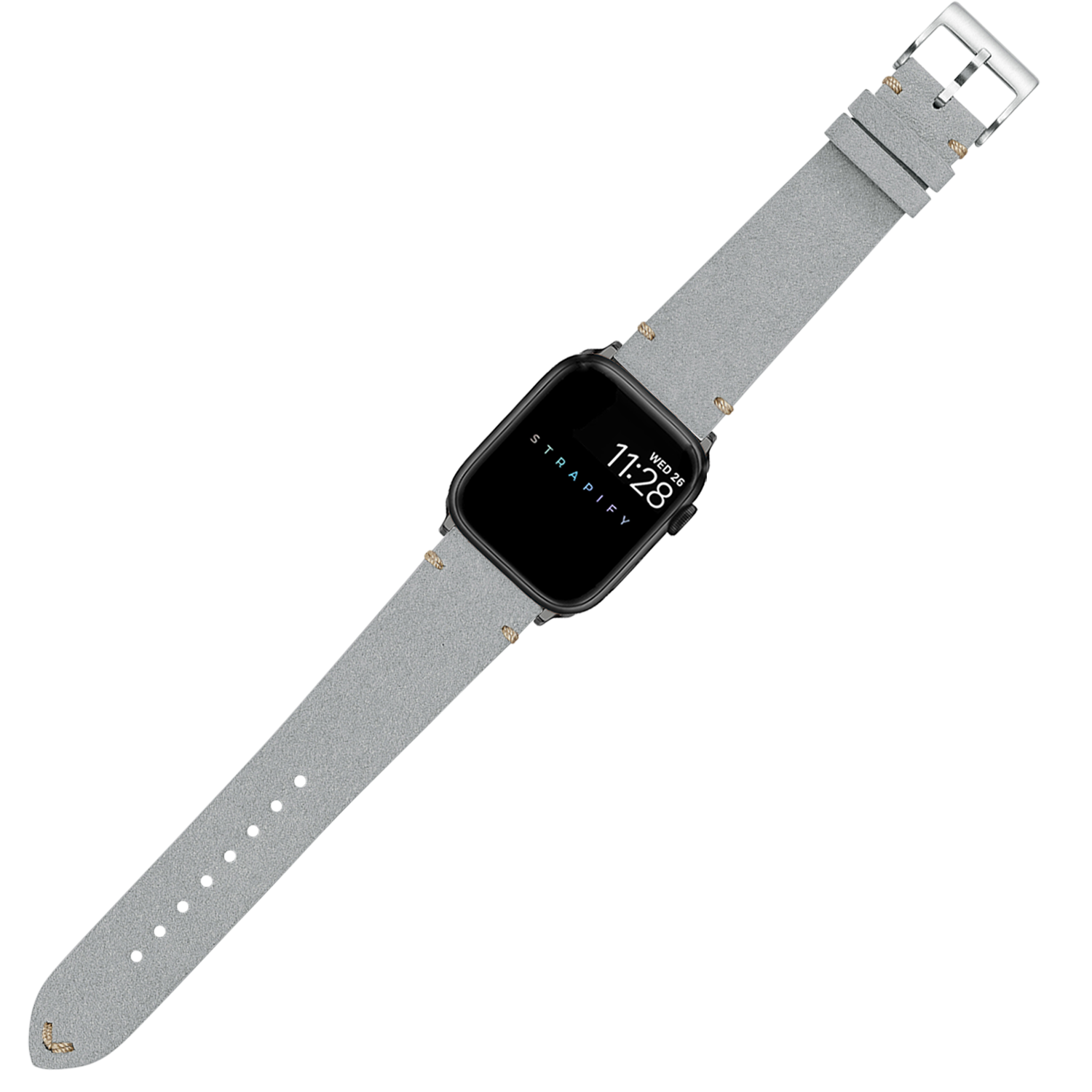 Smartwatch with black square case and grey Alcantara leather band with silver buckle and gold accents, displaying time 11:28