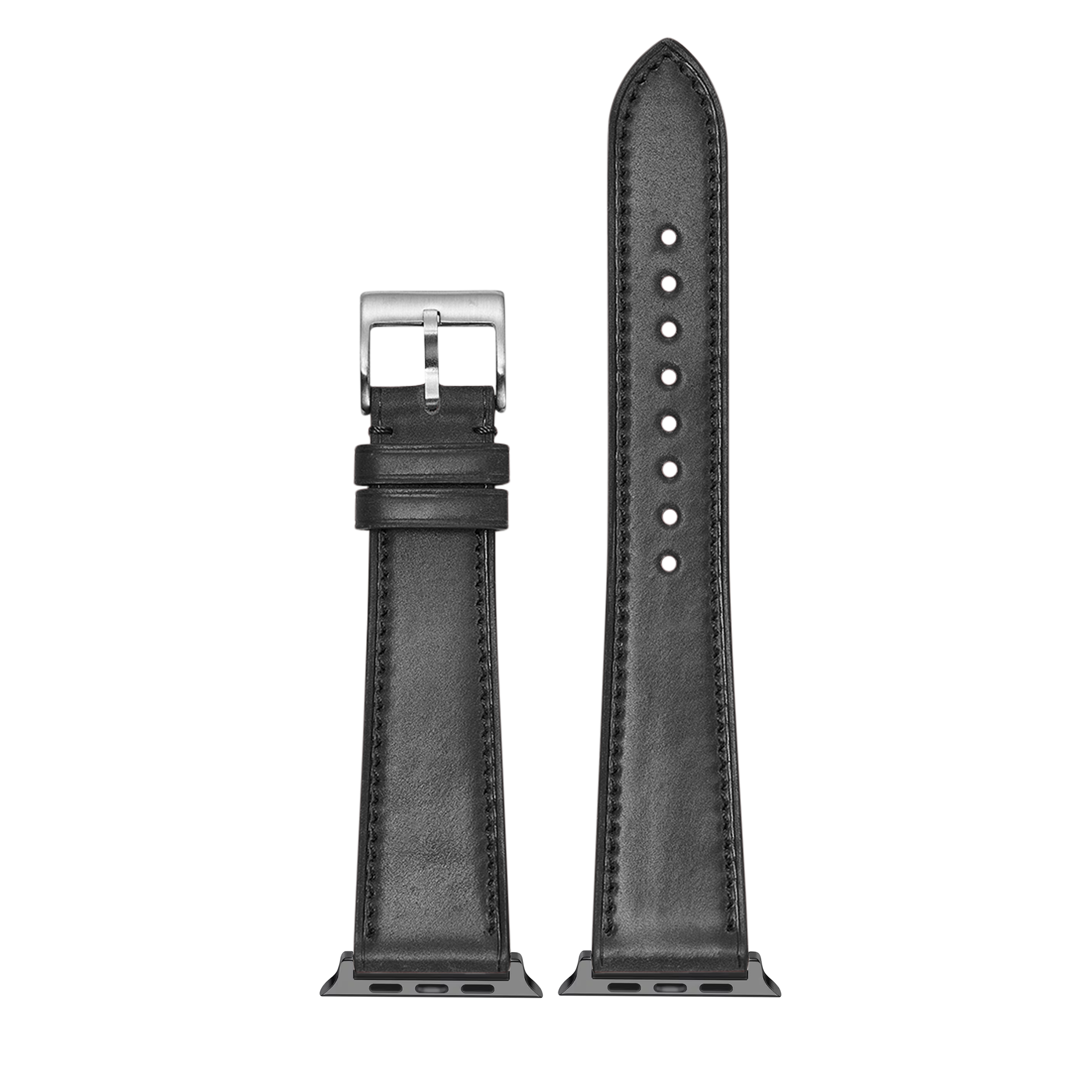 Black Horween Shell Cordovan leather Apple Watch band with silver buckle and adjustment holes