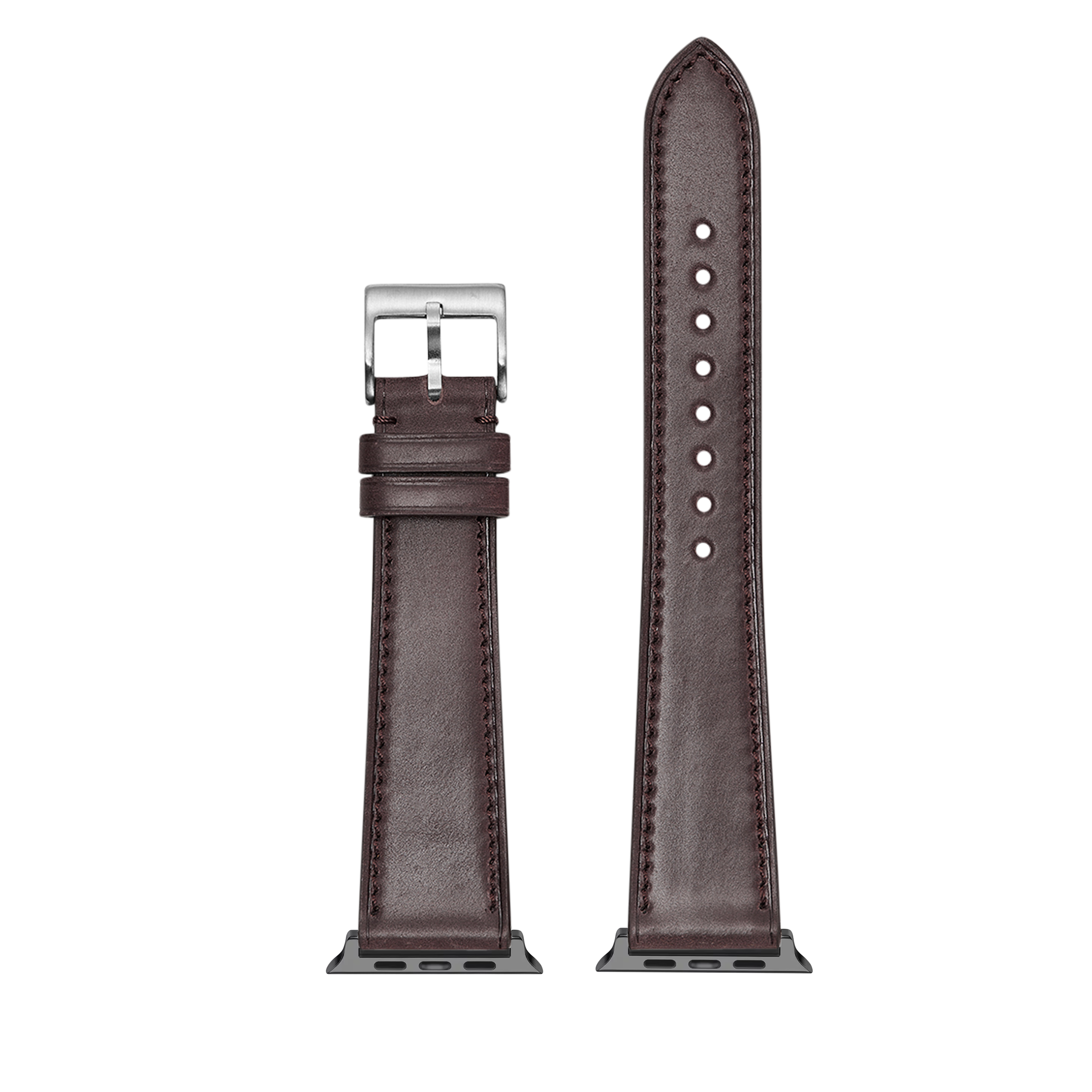 Brown leather smartwatch band with silver buckle, Horween Shell Cordovan material, replacement strap for Apple Watch