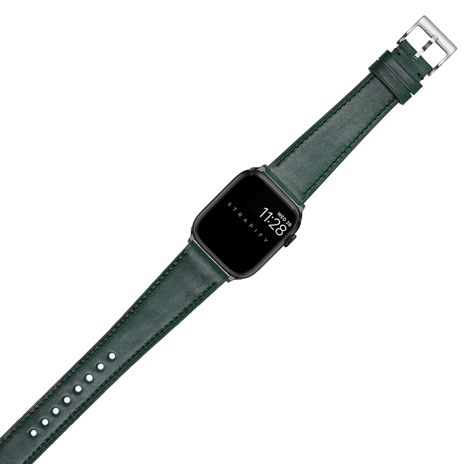 Black smartwatch with green leather band and silver buckle, displaying time on screen