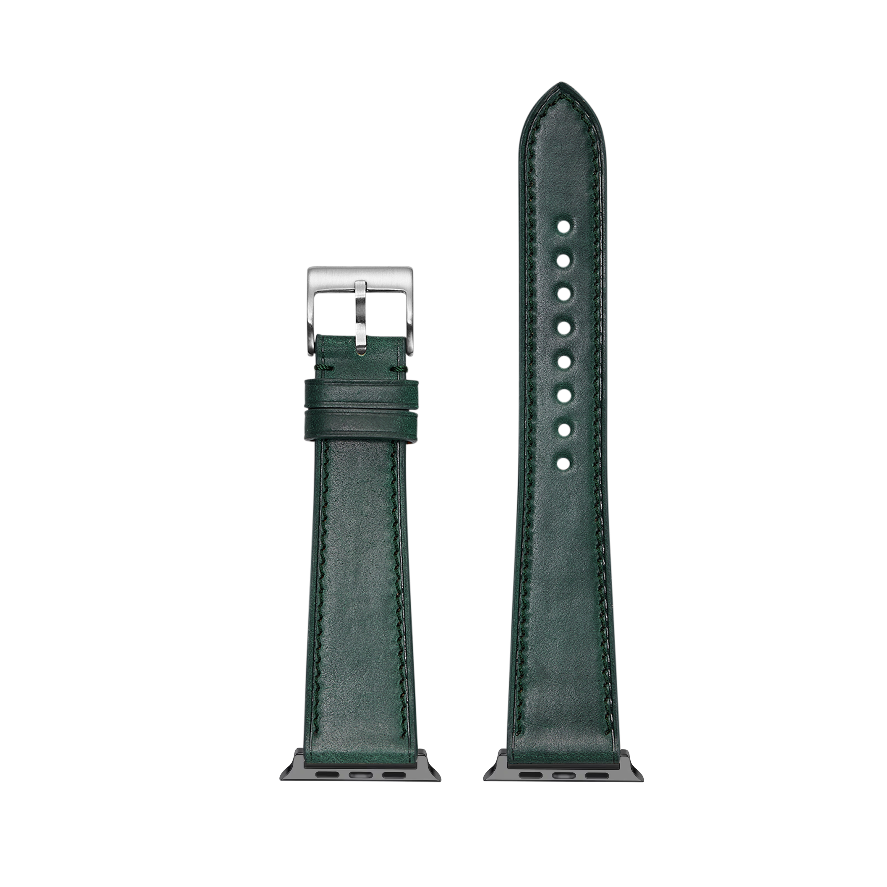 Green Horween Shell Cordovan leather Apple Watch band with silver buckle and contrast stitching