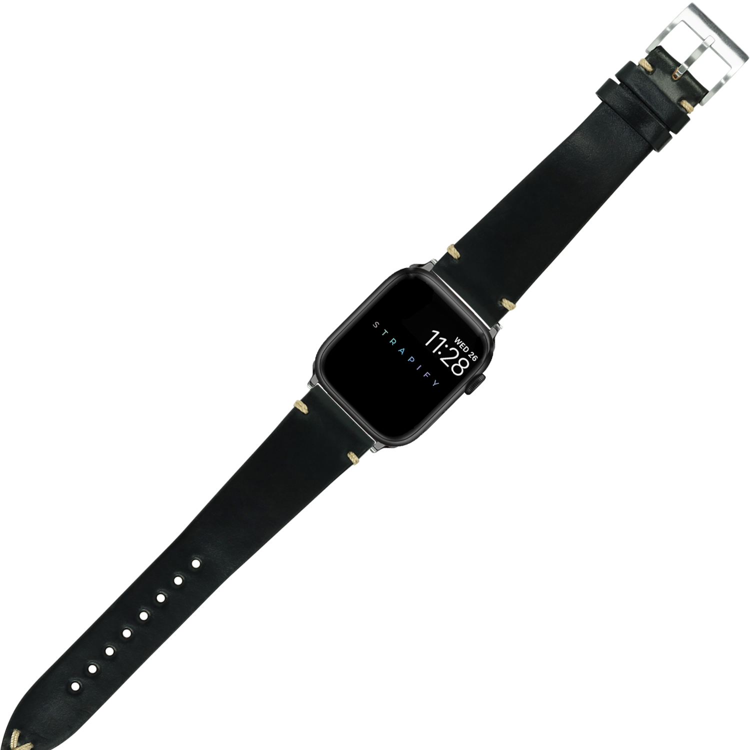 Black Shell Cordovan leather Apple Watch band with Horween vintage strap and polished buckle