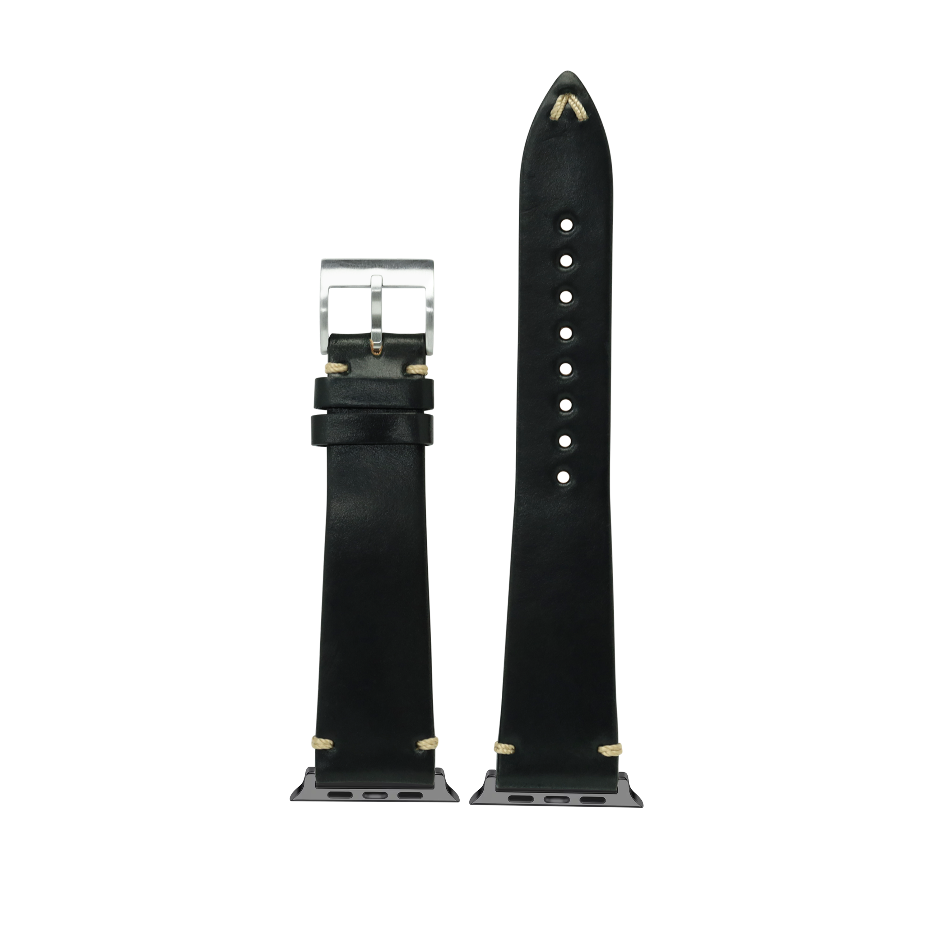 Black leather Apple Watch band with silver buckle and brass details, shown assembled and unassembled