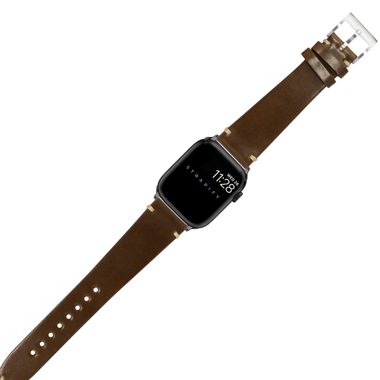 Smartwatch with black square face and brown leather Horween Shell Cordovan band with silver buckle, displaying time and date