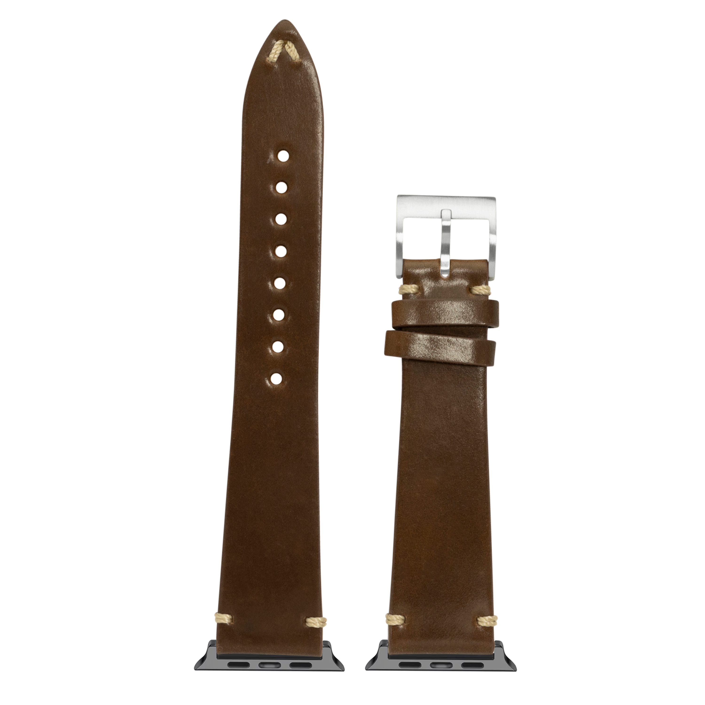 Brown leather Apple Watch band with silver buckle, shown extended and attached to watch connector