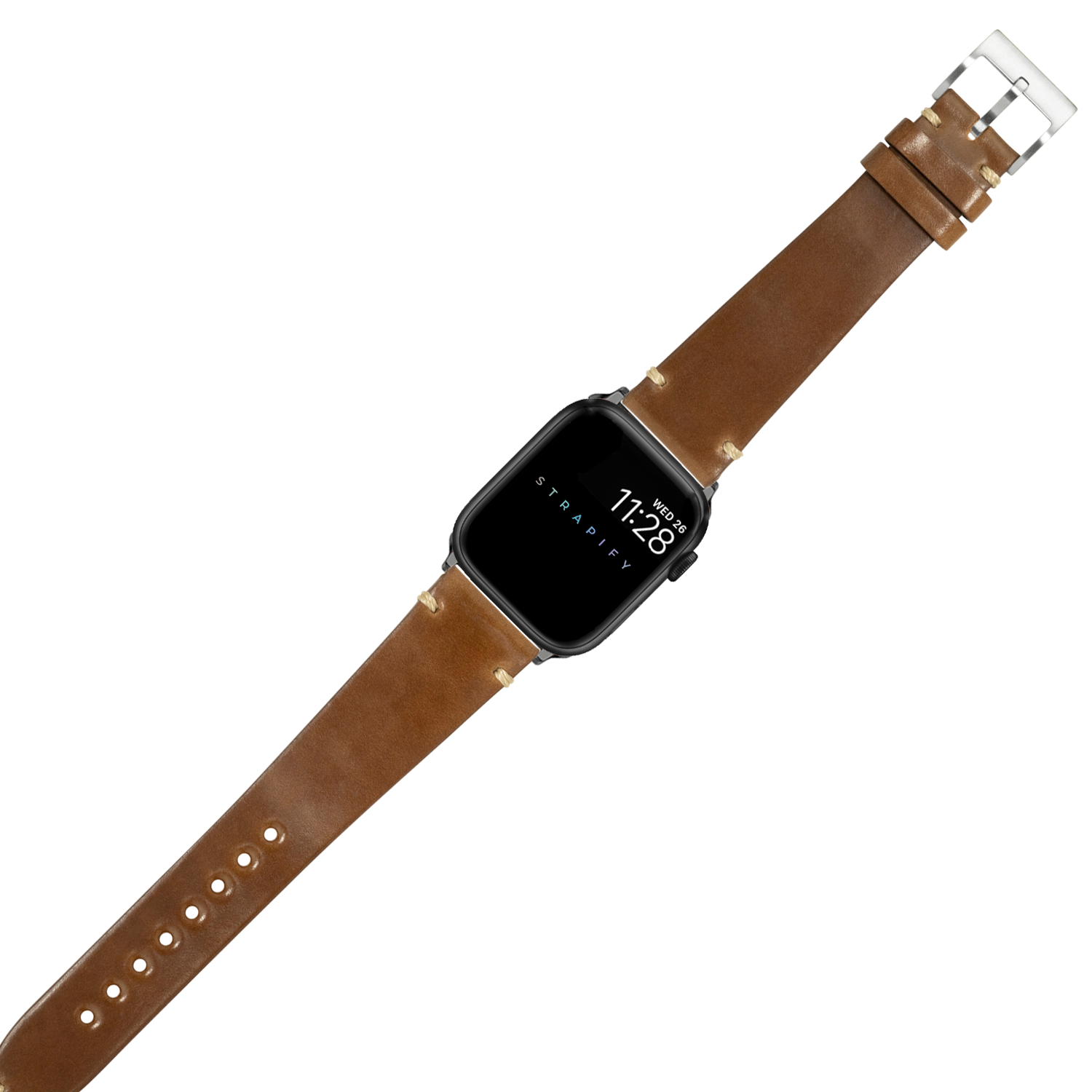Black smartwatch with brown leather Horween Shell Cordovan strap and silver buckle on white background