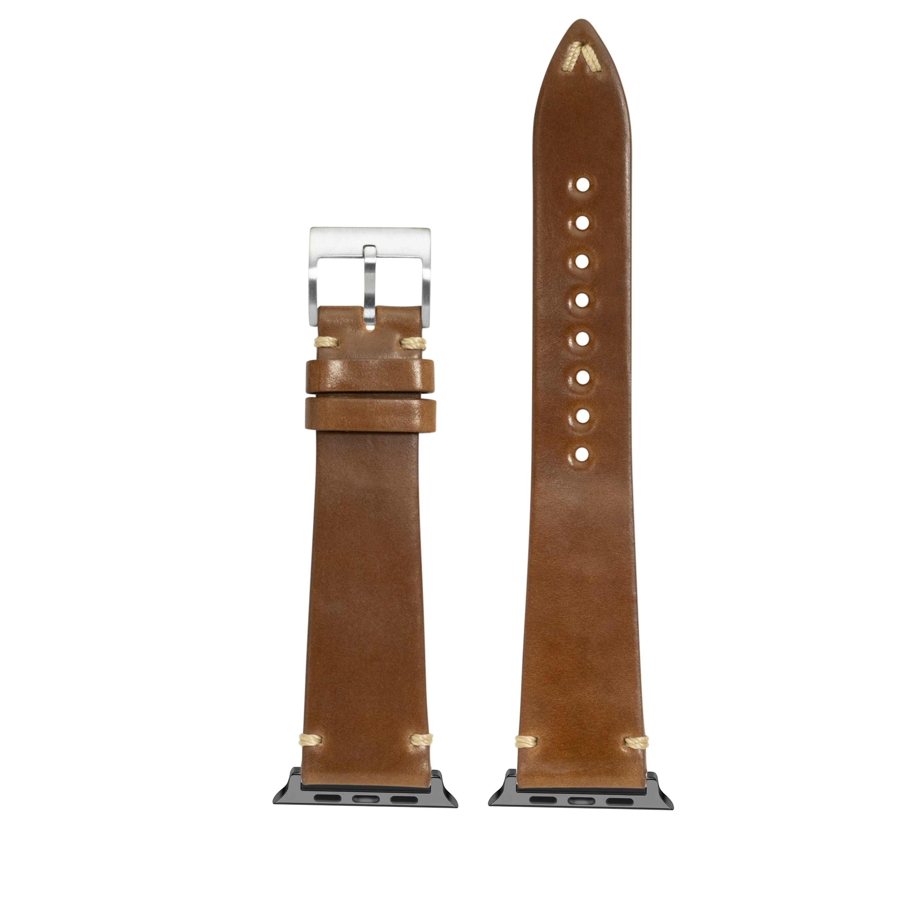Brown leather Apple Watch band with silver buckle and connector, Horween Shell Cordovan material, vintage bourbon color