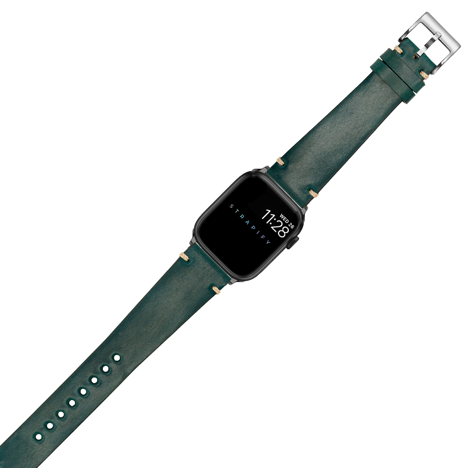 Black Apple Watch with vintage green Horween Shell Cordovan leather band and silver buckle