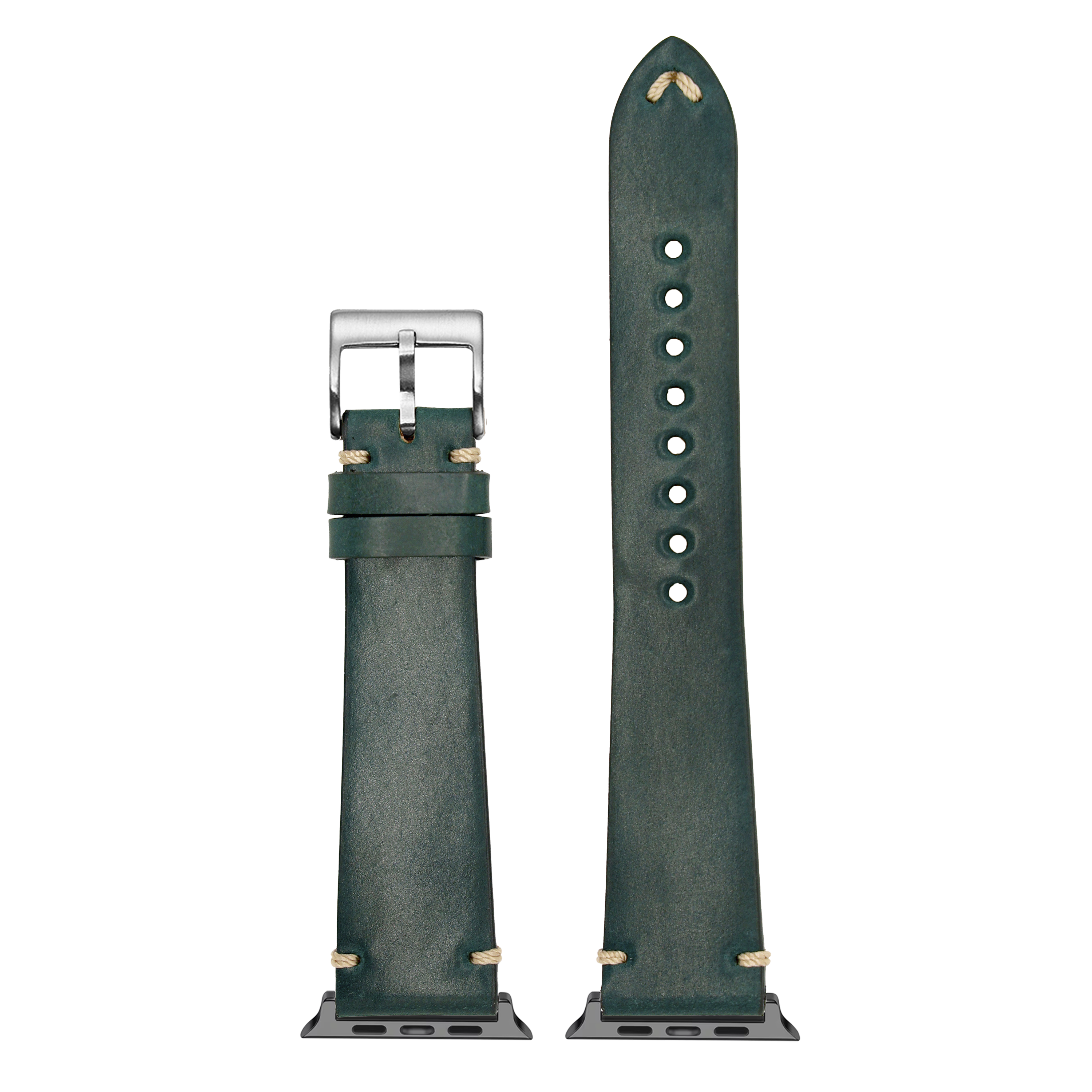 Green Horween Shell Cordovan leather Apple Watch band with vintage styling, brass hardware, and metal connector lugs
