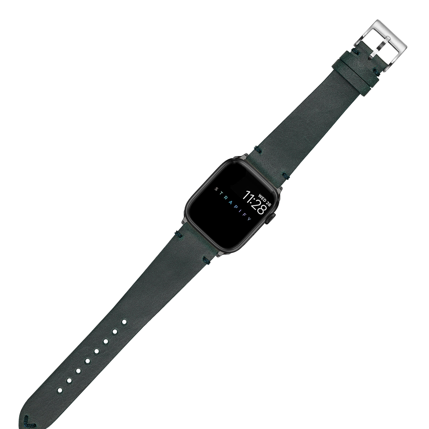 Smartwatch with square black case and vintage blue-green leather strap with silver buckle displaying time 11:28