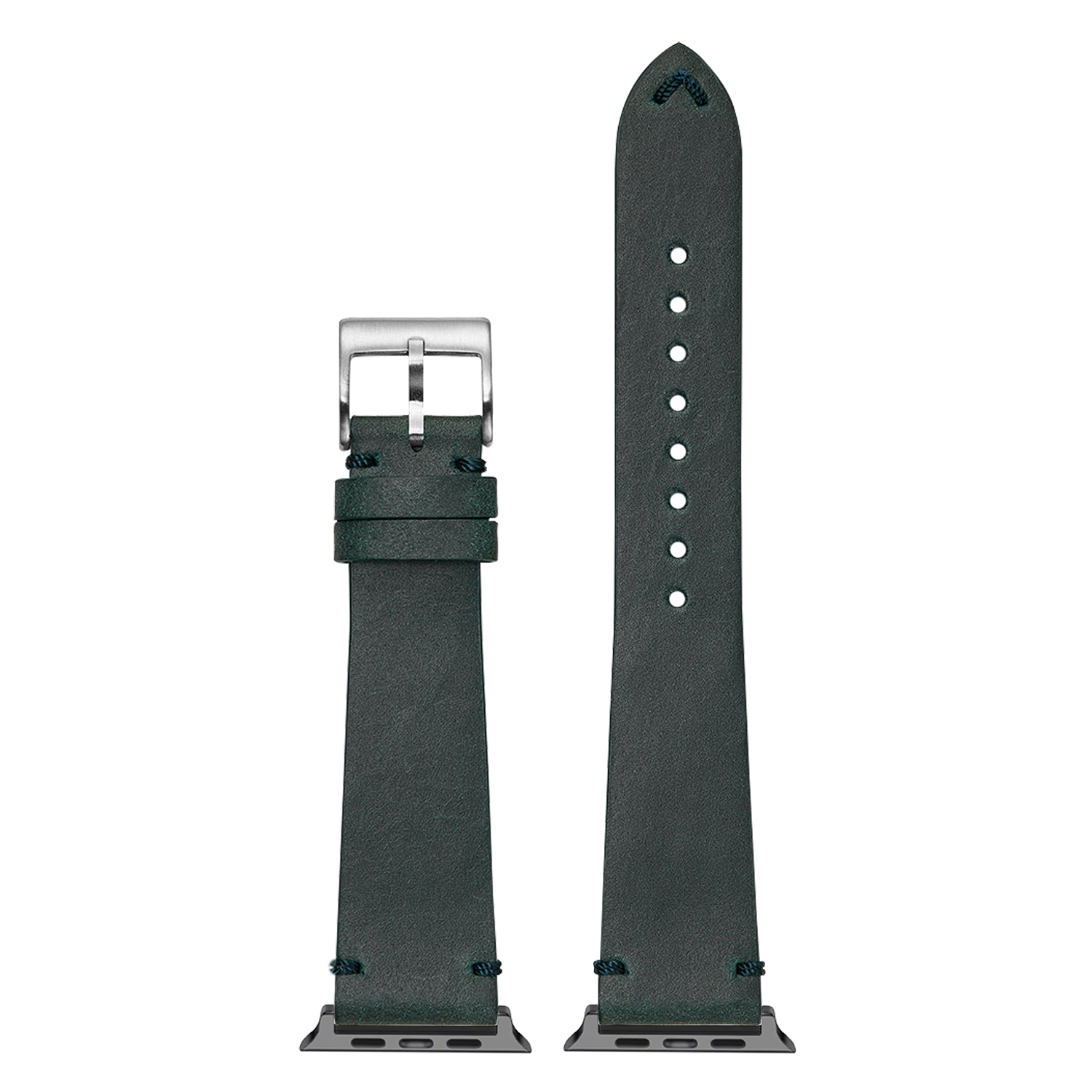 Vintage crazy horse leather Apple Watch band in blue-green with silver buckle, shown assembled and unassembled view