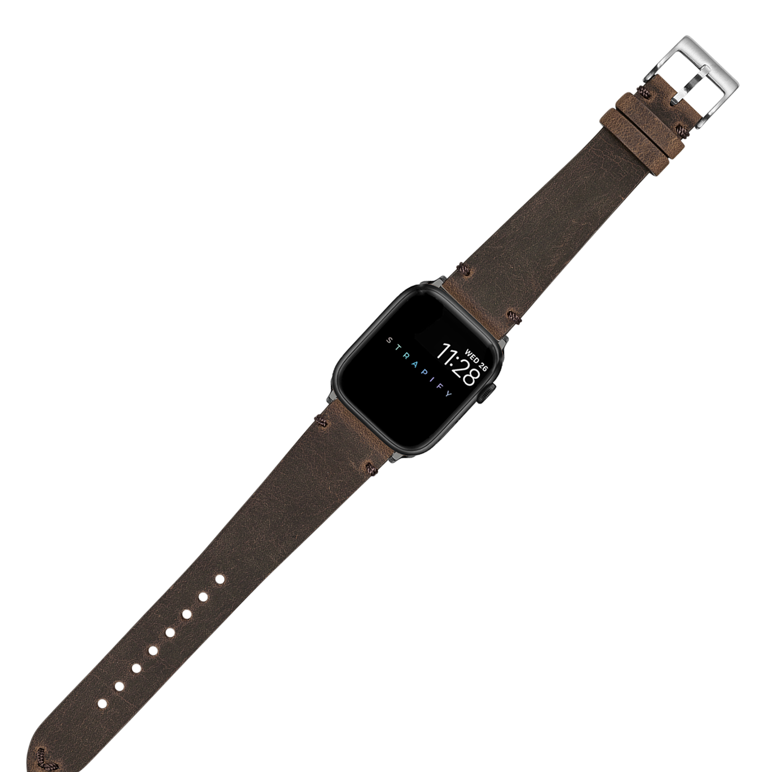 Black smartwatch with brown crazy horse leather band and silver buckle, displaying time on screen