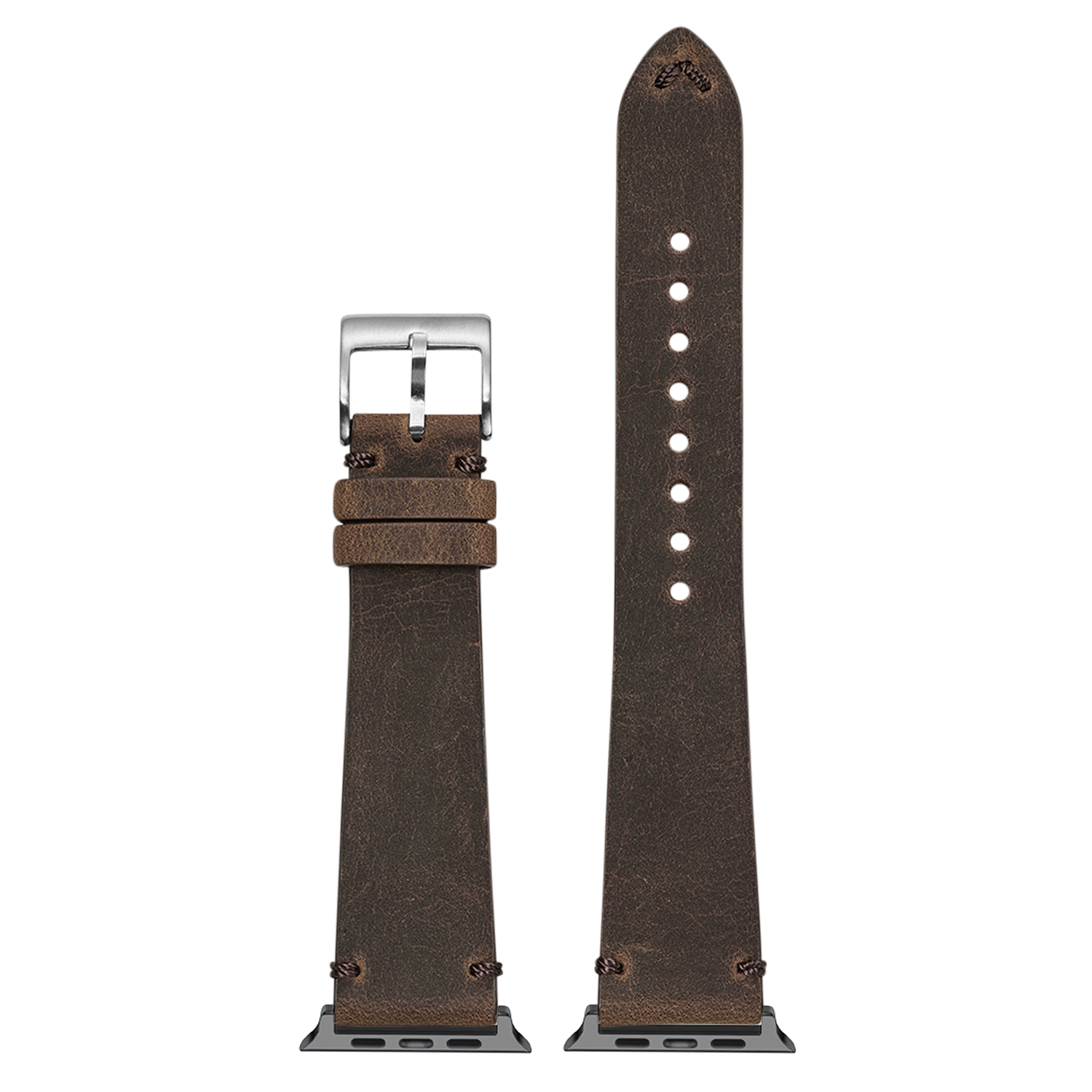 Vintage brown crazy horse leather Apple Watch band with silver buckle and white stitching detail
