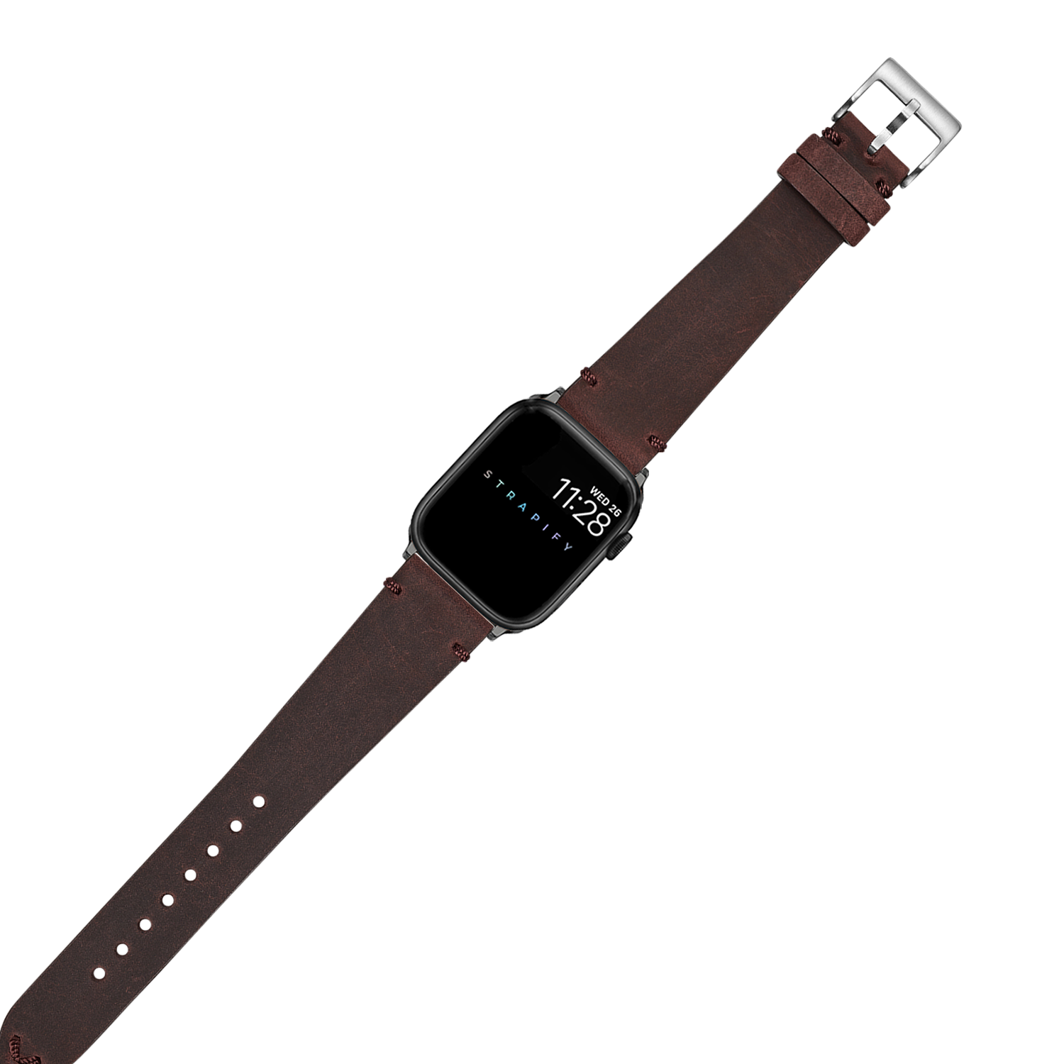 Dark red vintage crazy horse leather band with silver buckle for Apple Watch on white background