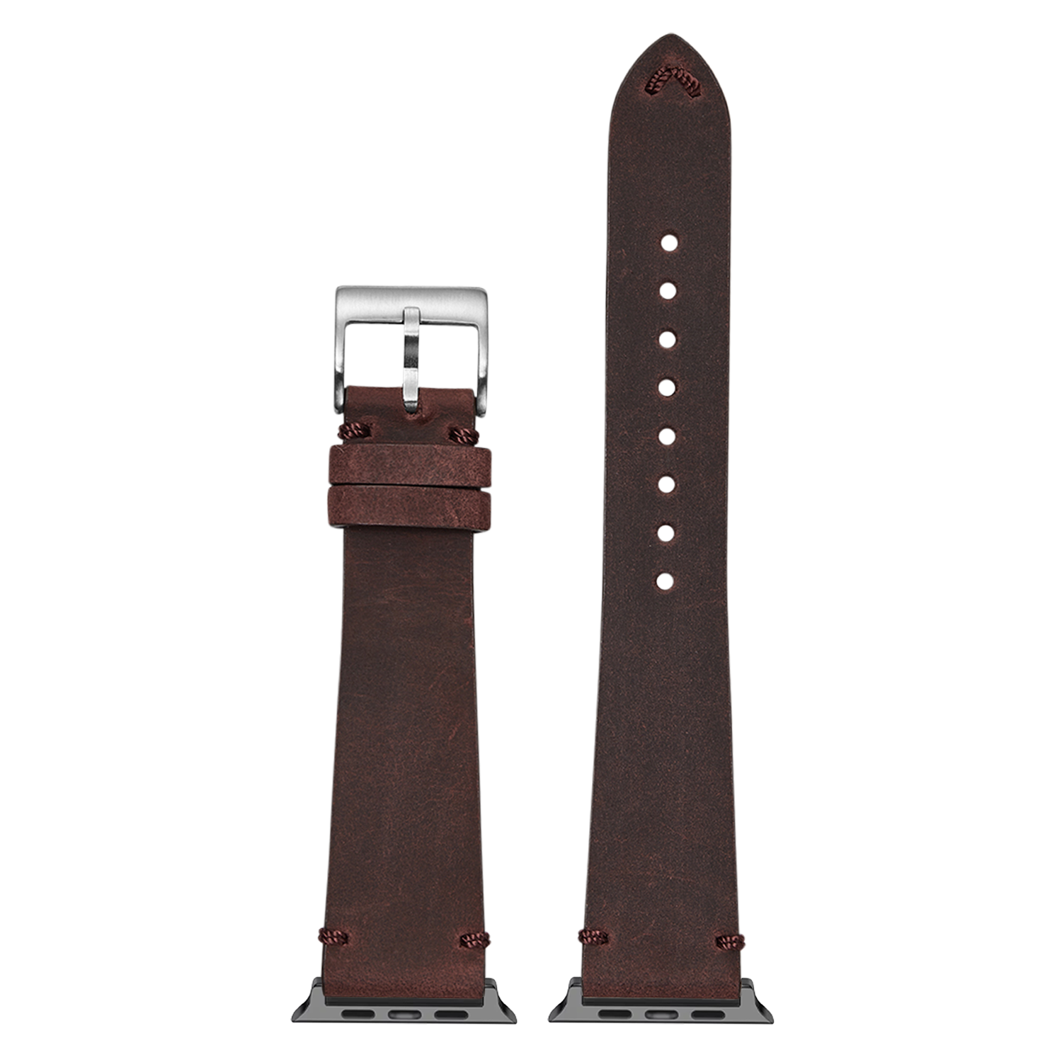 Dark red vintage crazy horse leather Apple Watch band with silver buckle and adjustment holes, shown flat and attached to smartwatch connector