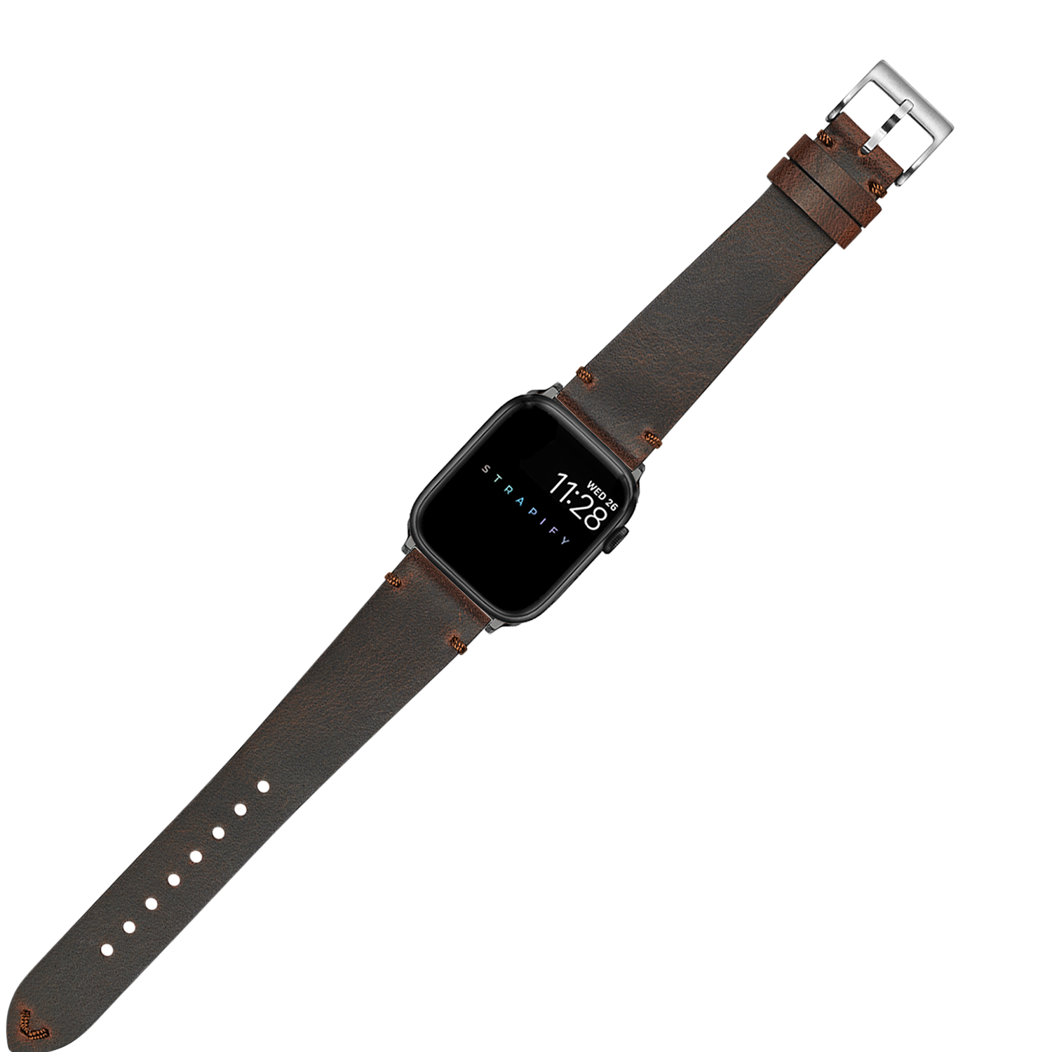Smartwatch with vintage crazy horse leather strap in red brown, silver buckle, displaying time on black face