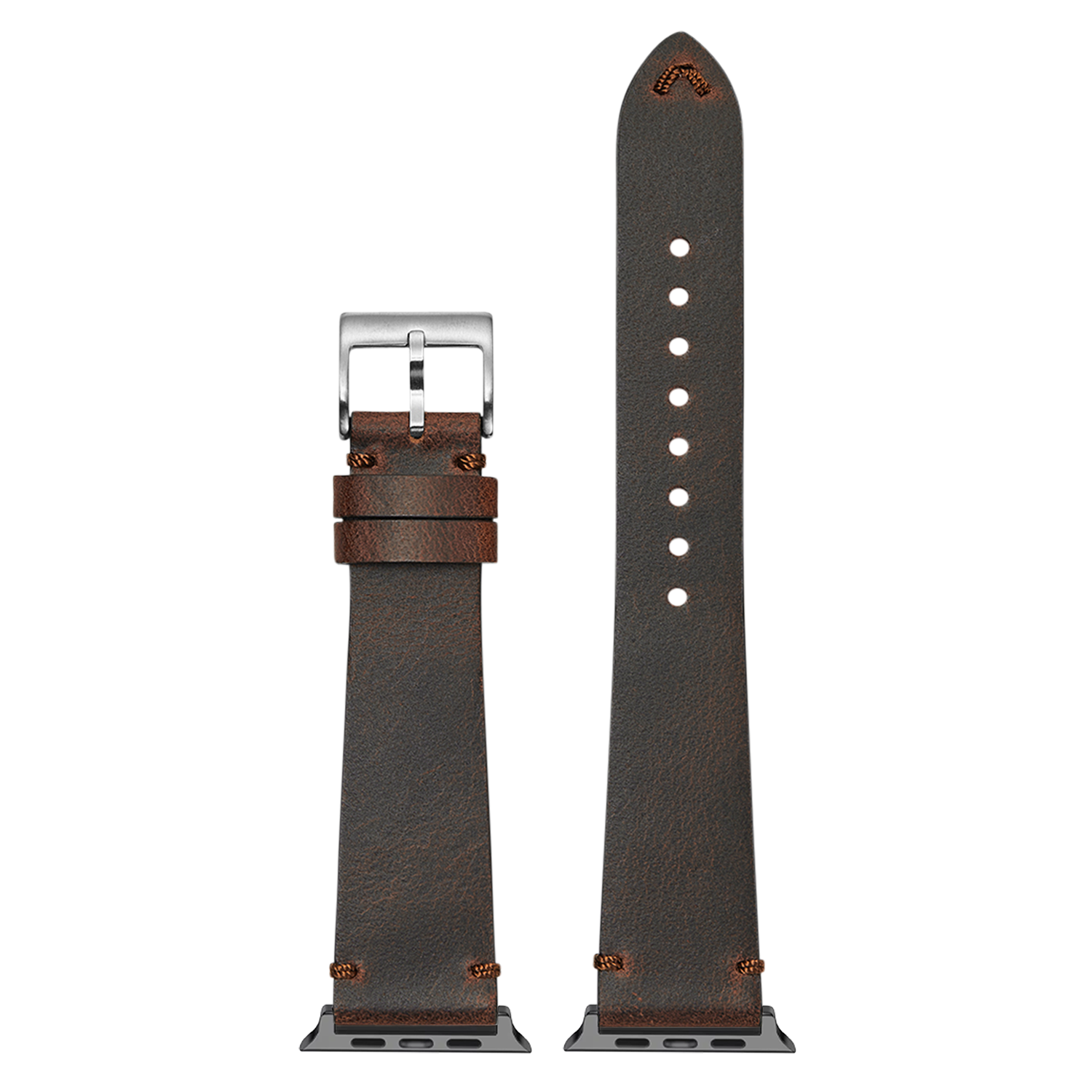 Vintage crazy horse leather smartwatch band in charcoal gray with brown accents, silver buckle, and adjustable holes, shown with connector adaptors