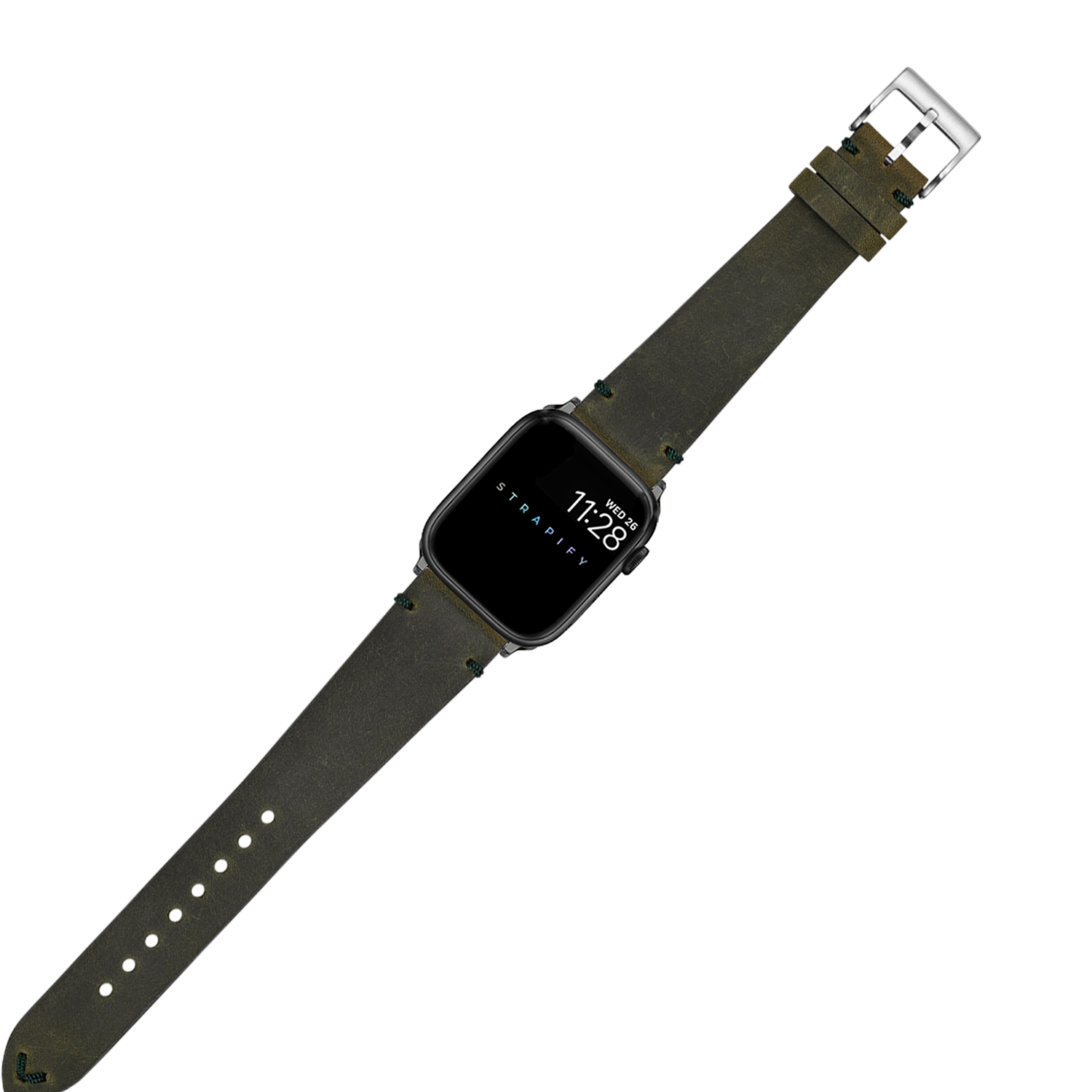 Smartwatch with square black display showing time, featuring olive green leather band with silver buckle and distressed vintage finish
