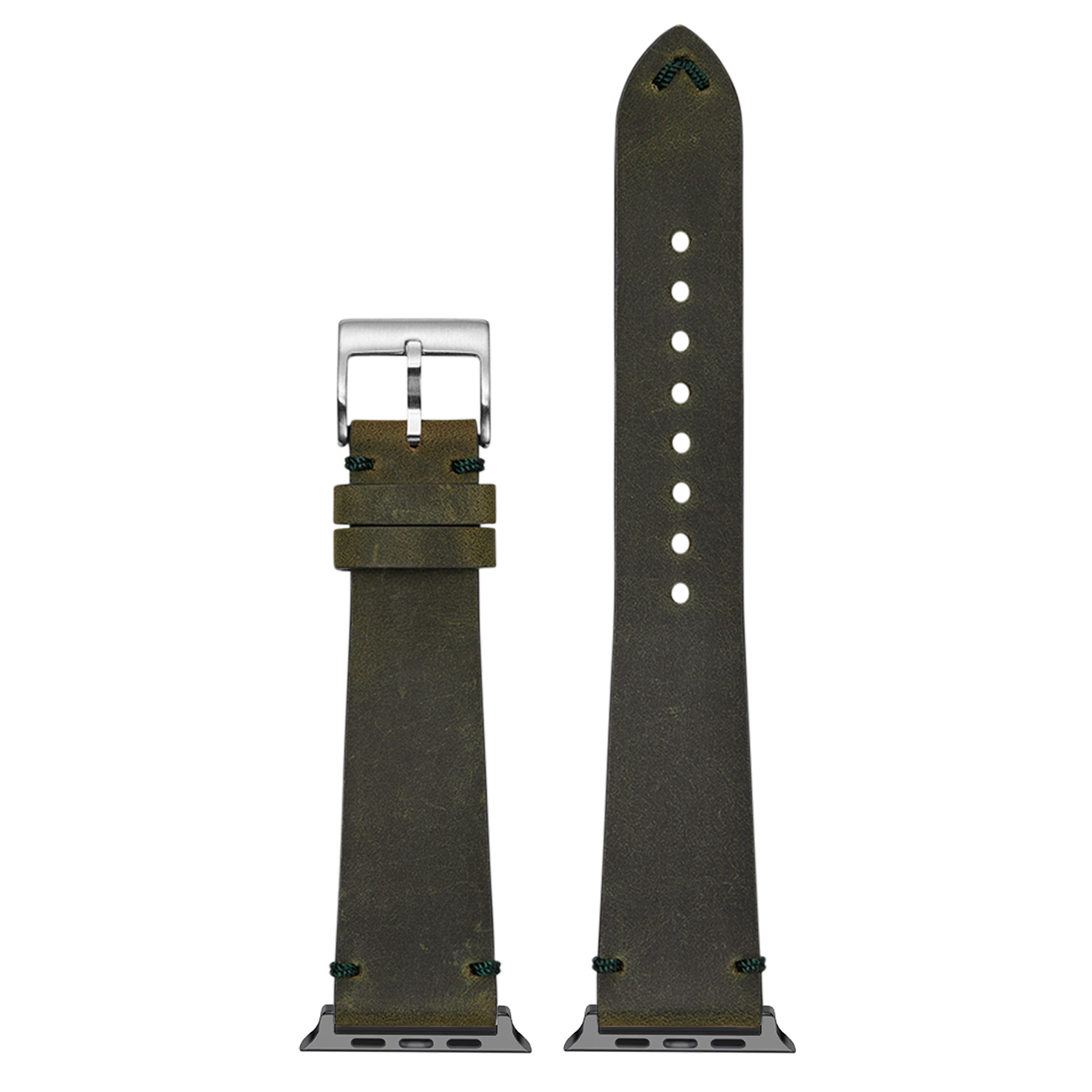 Vintage olive green crazy horse leather Apple Watch band with silver buckle and contrast stitching