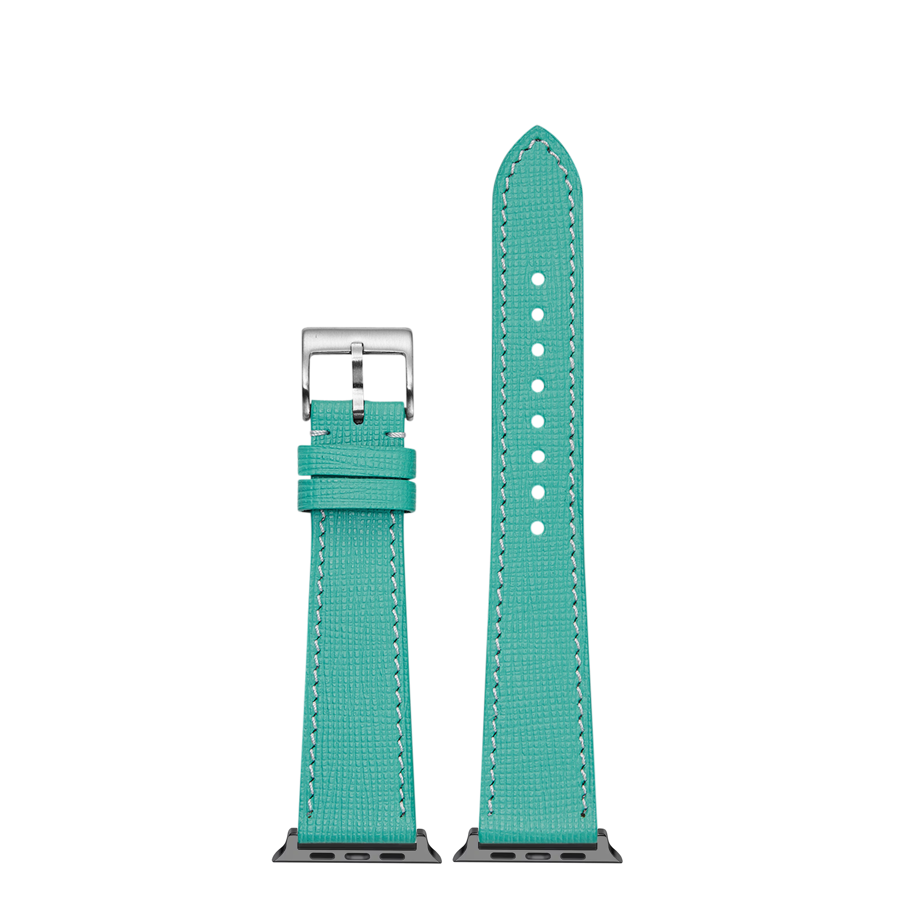 Tiffany blue Chevre Saffiano leather Apple Watch band with white stitching and silver buckle, displayed with and without adapter