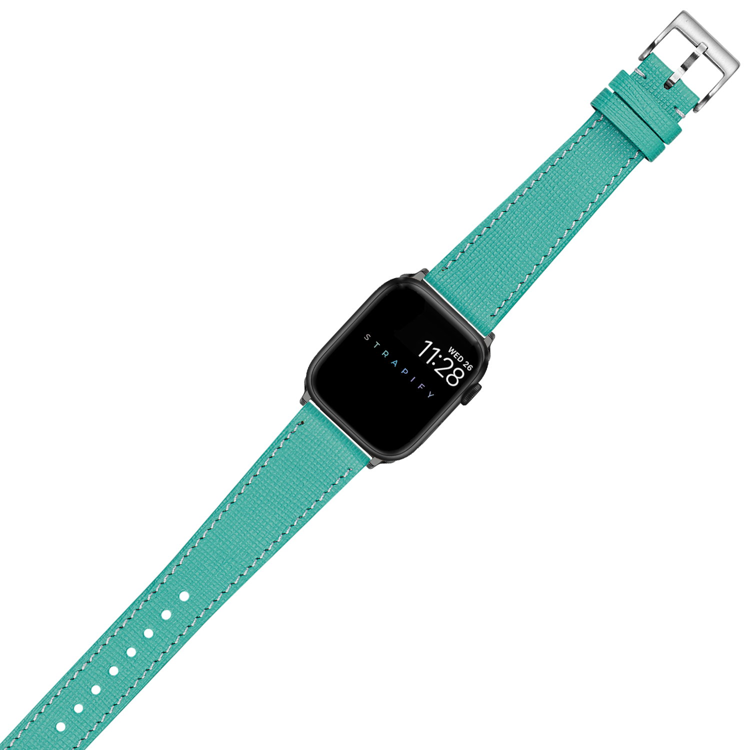 Smartwatch with black square case and tiffany blue leather band featuring white stitching and silver buckle