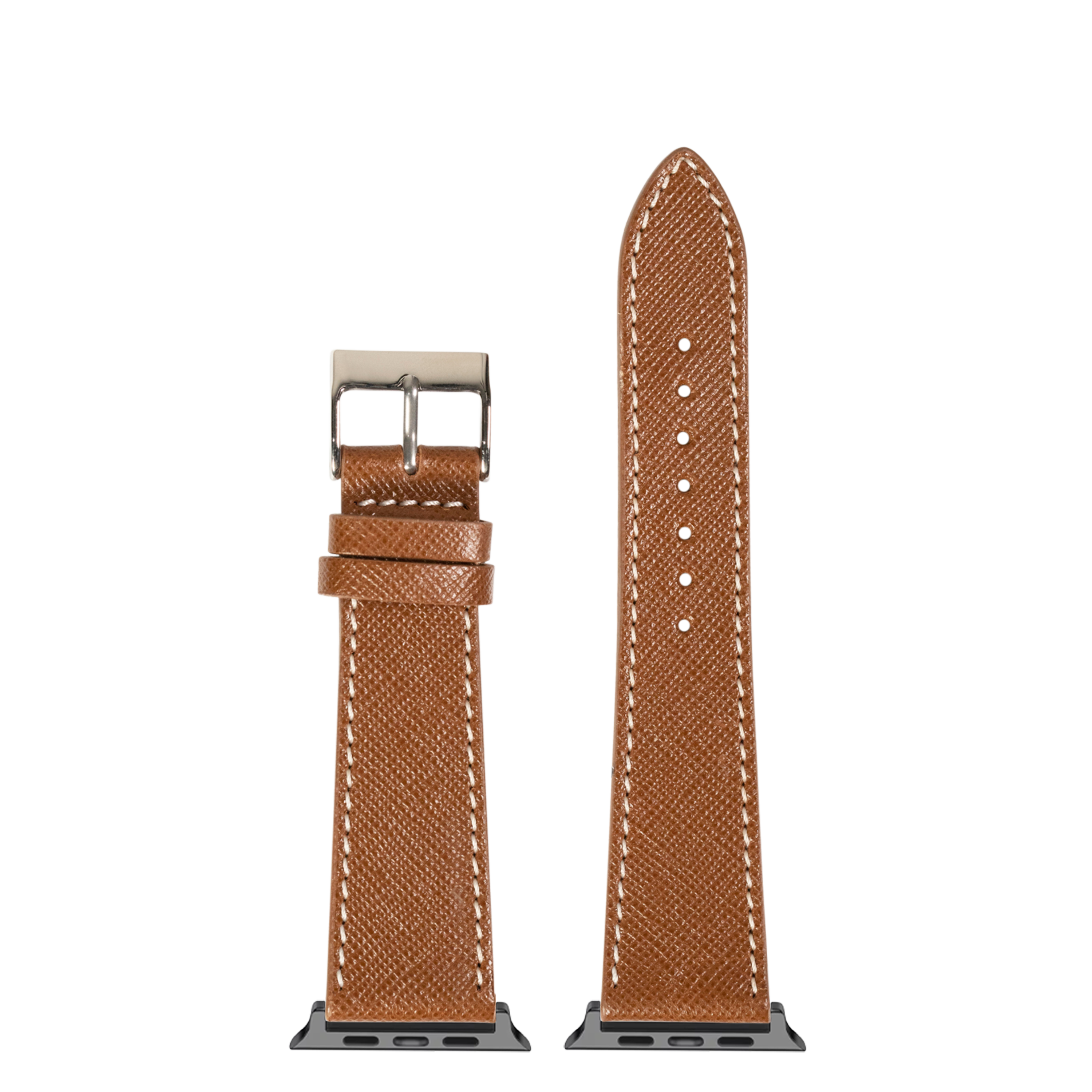 Brown saffiano leather Apple Watch band with white stitching and stainless steel buckle, shown assembled and unattached
