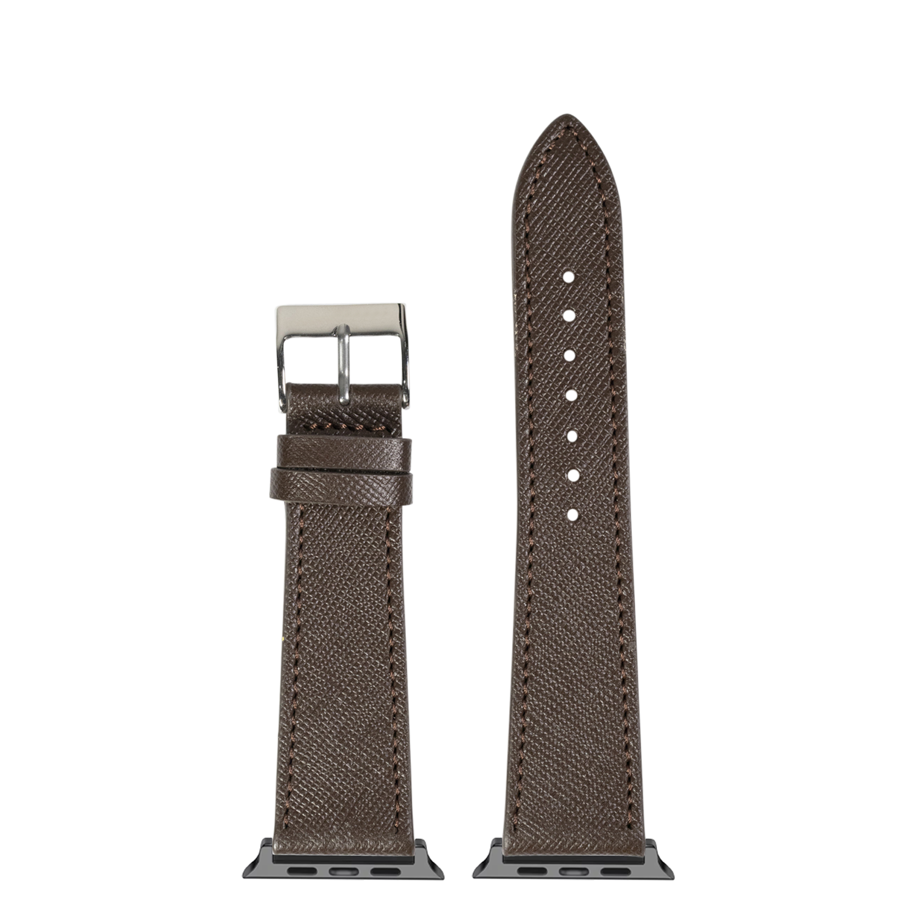 Dark brown Saffiano leather Apple Watch band with stainless steel buckle, showing assembled and unassembled views with white stitch detail