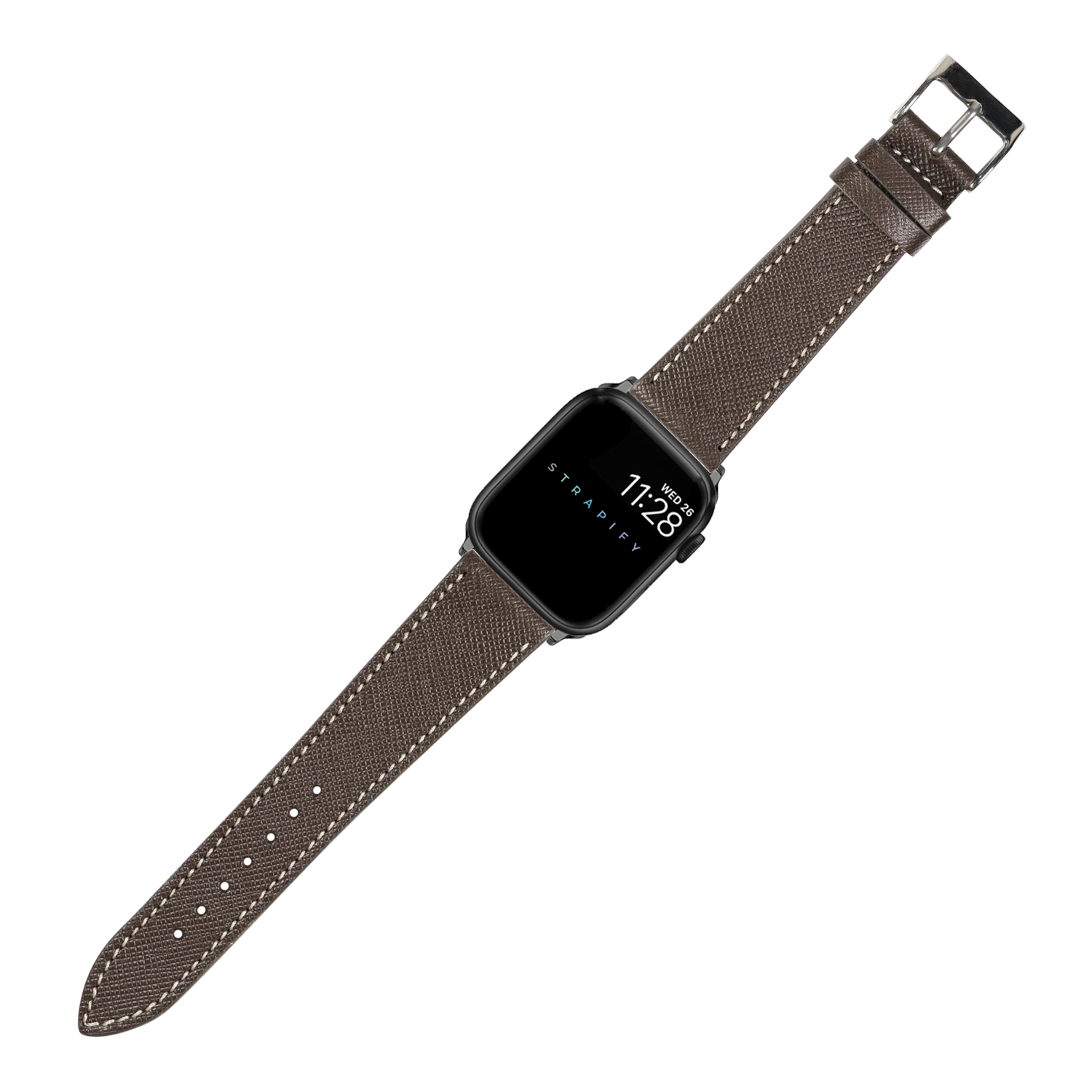 Black smartwatch with dark brown saffiano leather strap and white stitching, square display showing time and date