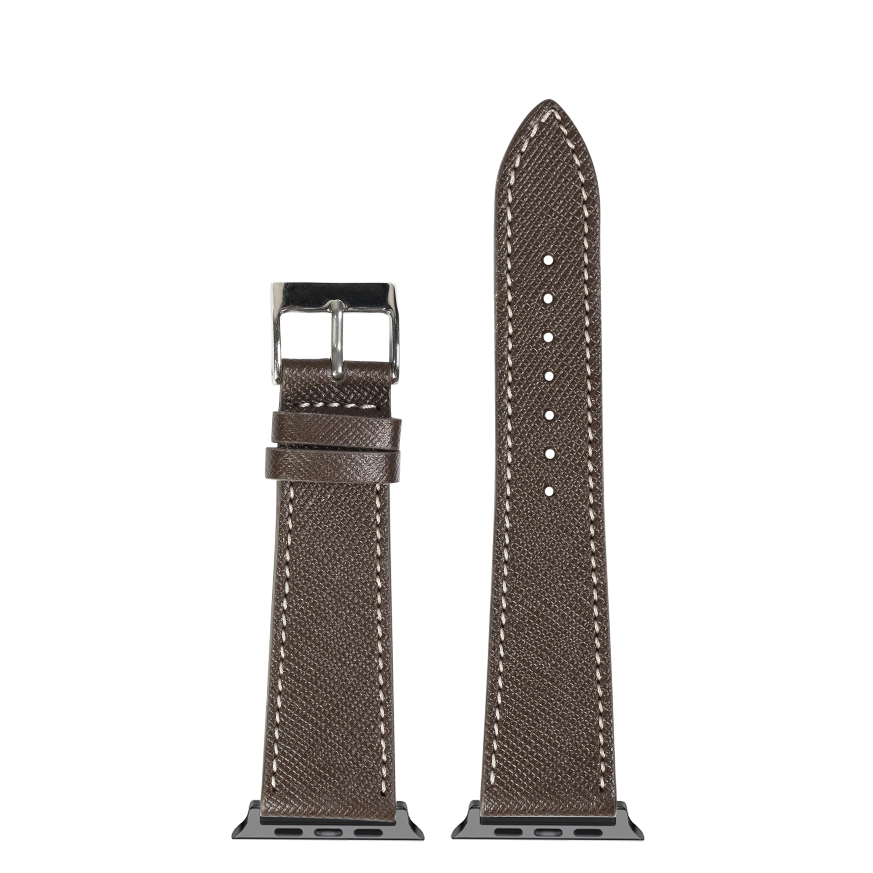 Dark brown saffiano leather Apple Watch band with white stitching and silver buckle, shown with connector adapters