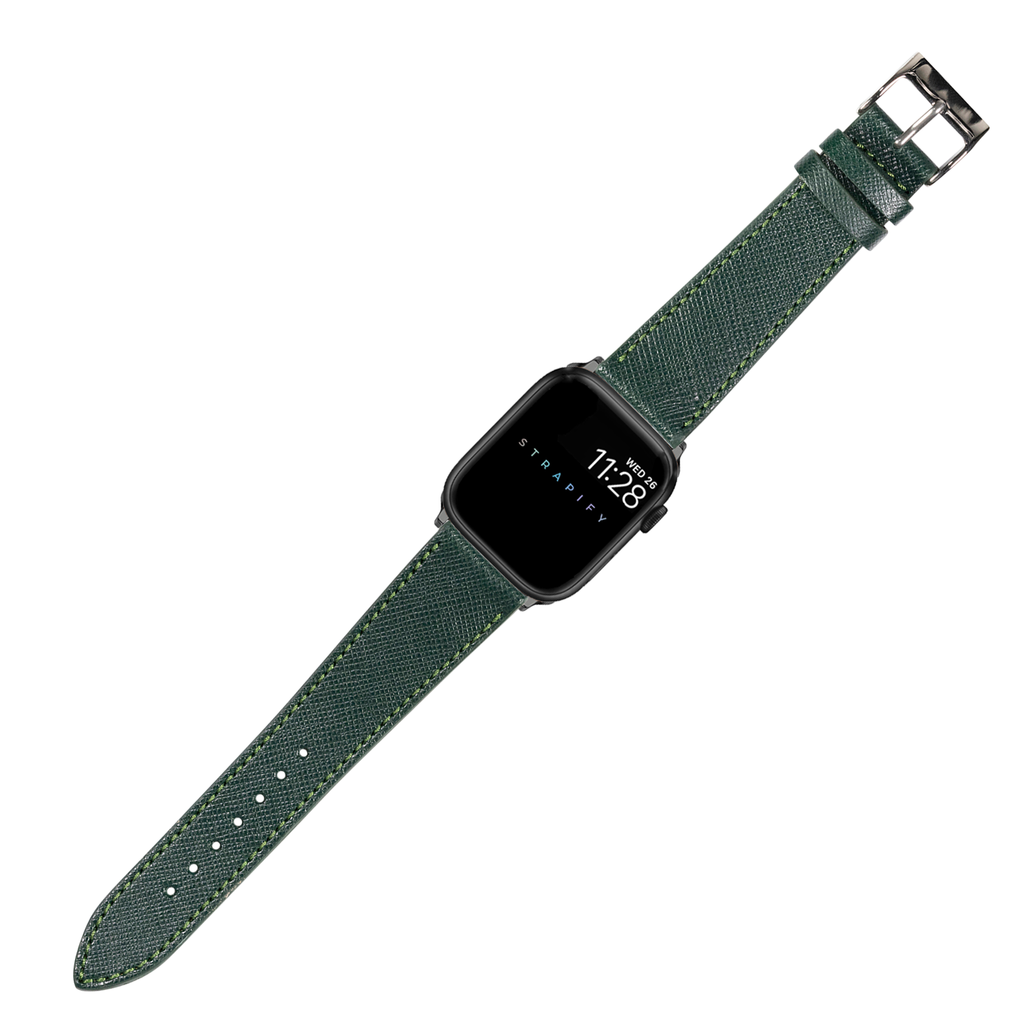 Black smartwatch with forest green saffiano leather band and adjustable strap with buckle closure