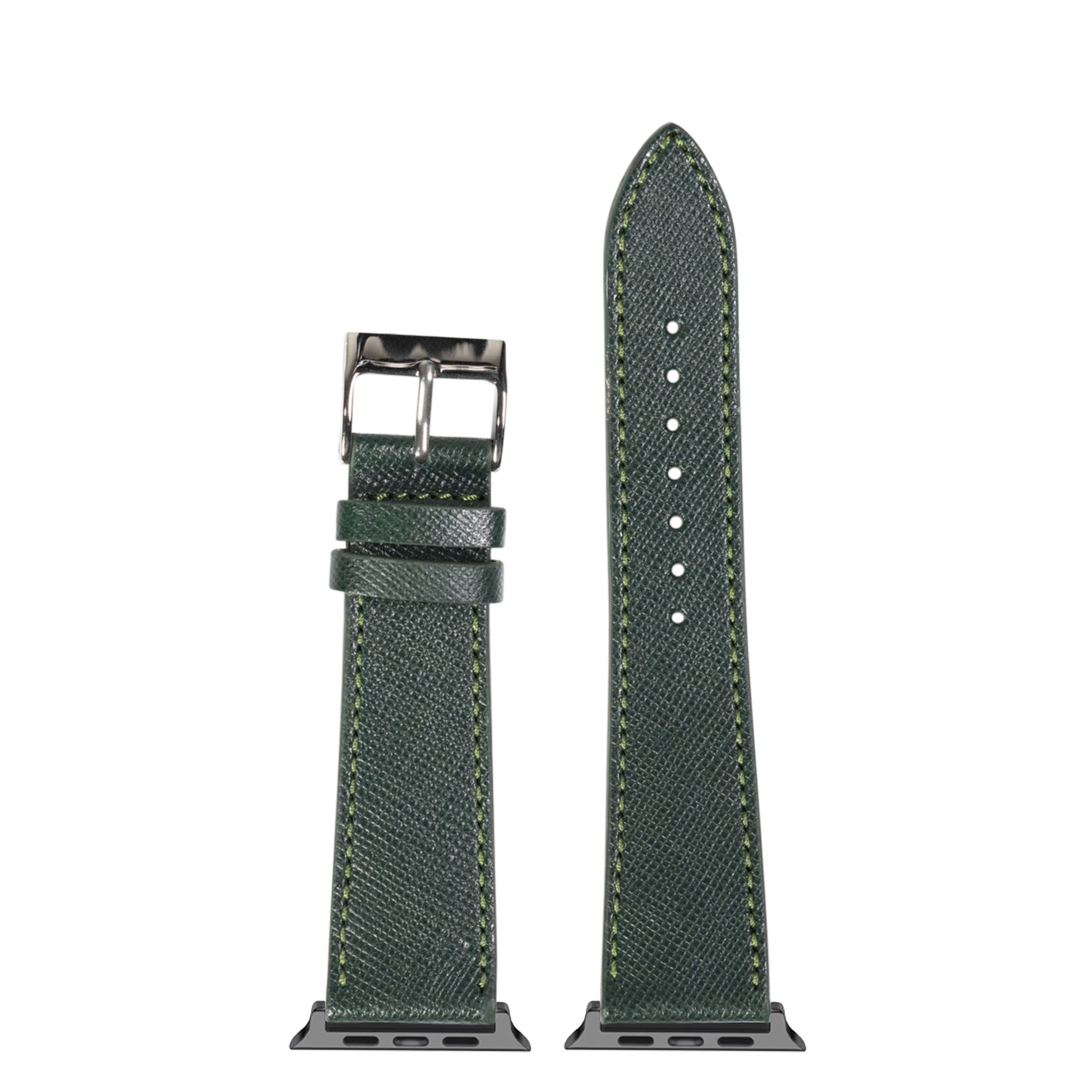 Forest green saffiano leather Apple Watch band with silver buckle and contrasting yellow stitching, shown assembled and flat