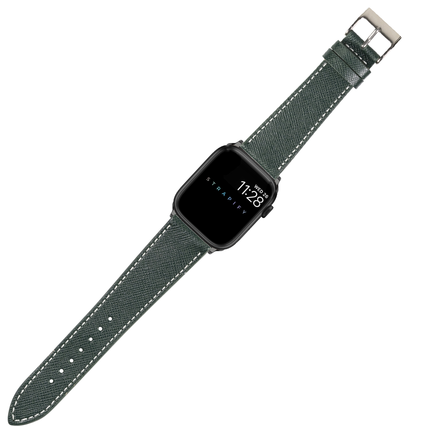 Black smartwatch with forest green saffiano leather band and white stitching, displaying time on screen